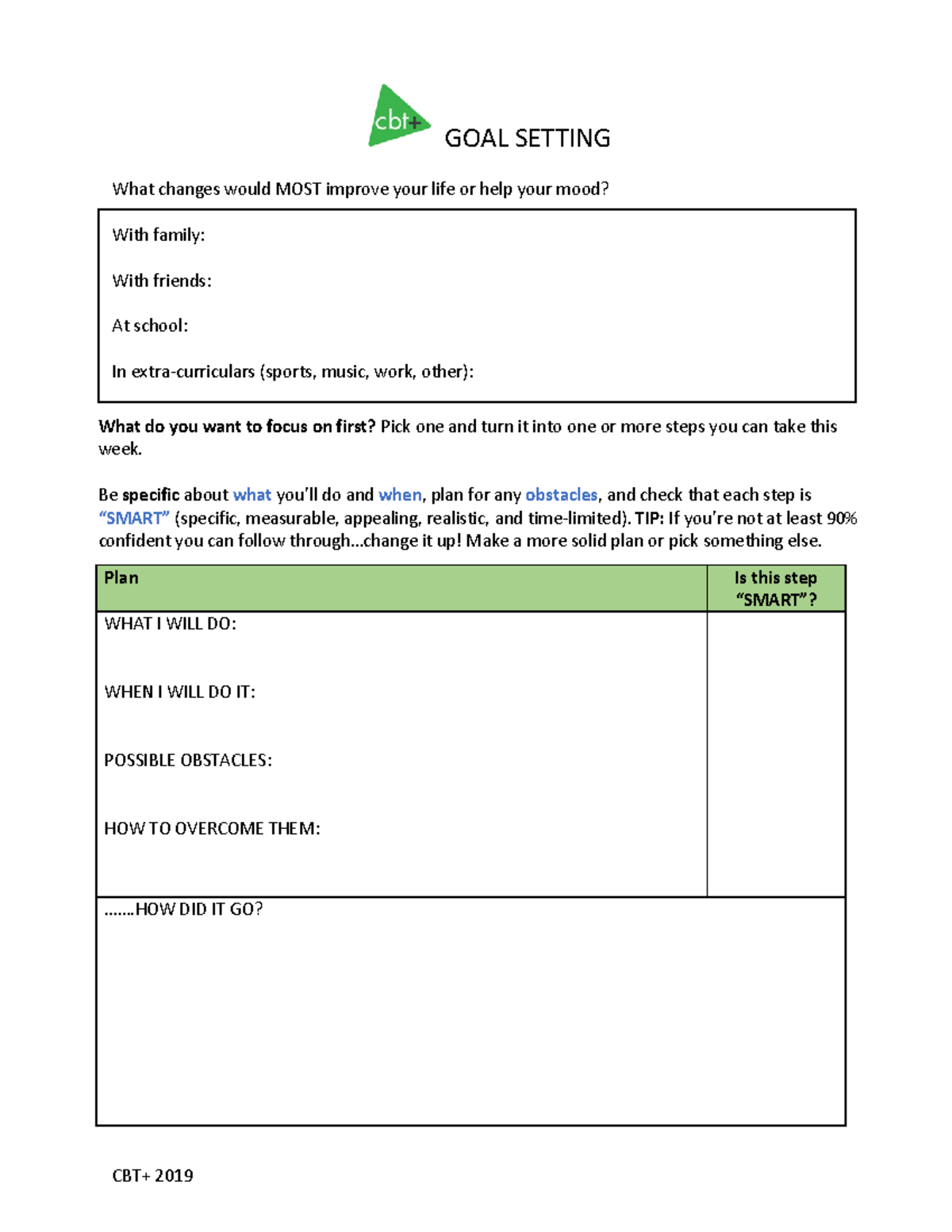 CBT Goal Setting Worksheet - CBT+ 2019 GOAL SETTING What changes would ...