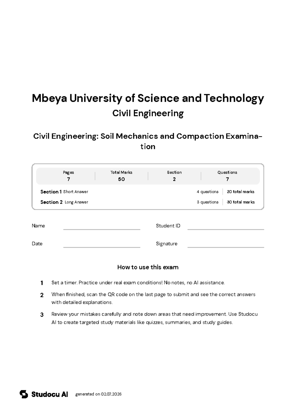 Civil Engineering: Soil Mechanics Compaction Exam - Studocu