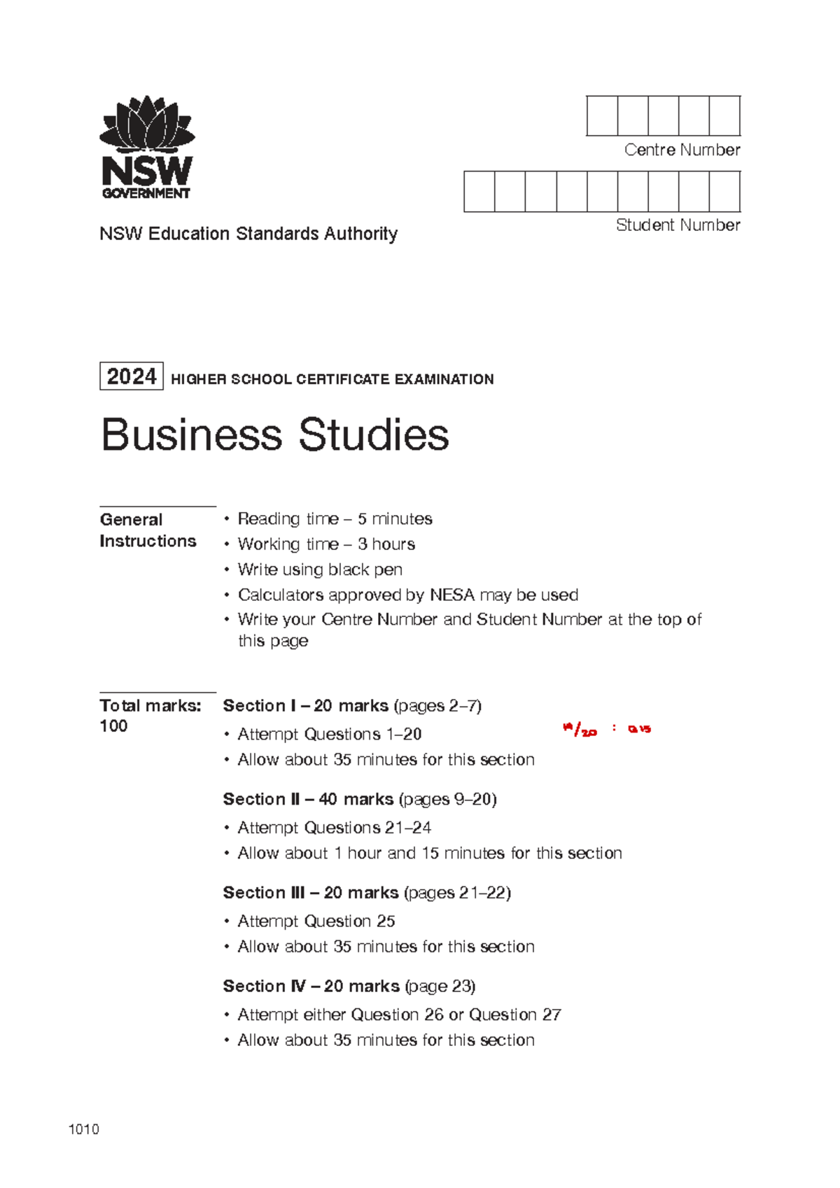 2024 HSC Business Studies Exam Instructions and Questions - Studocu