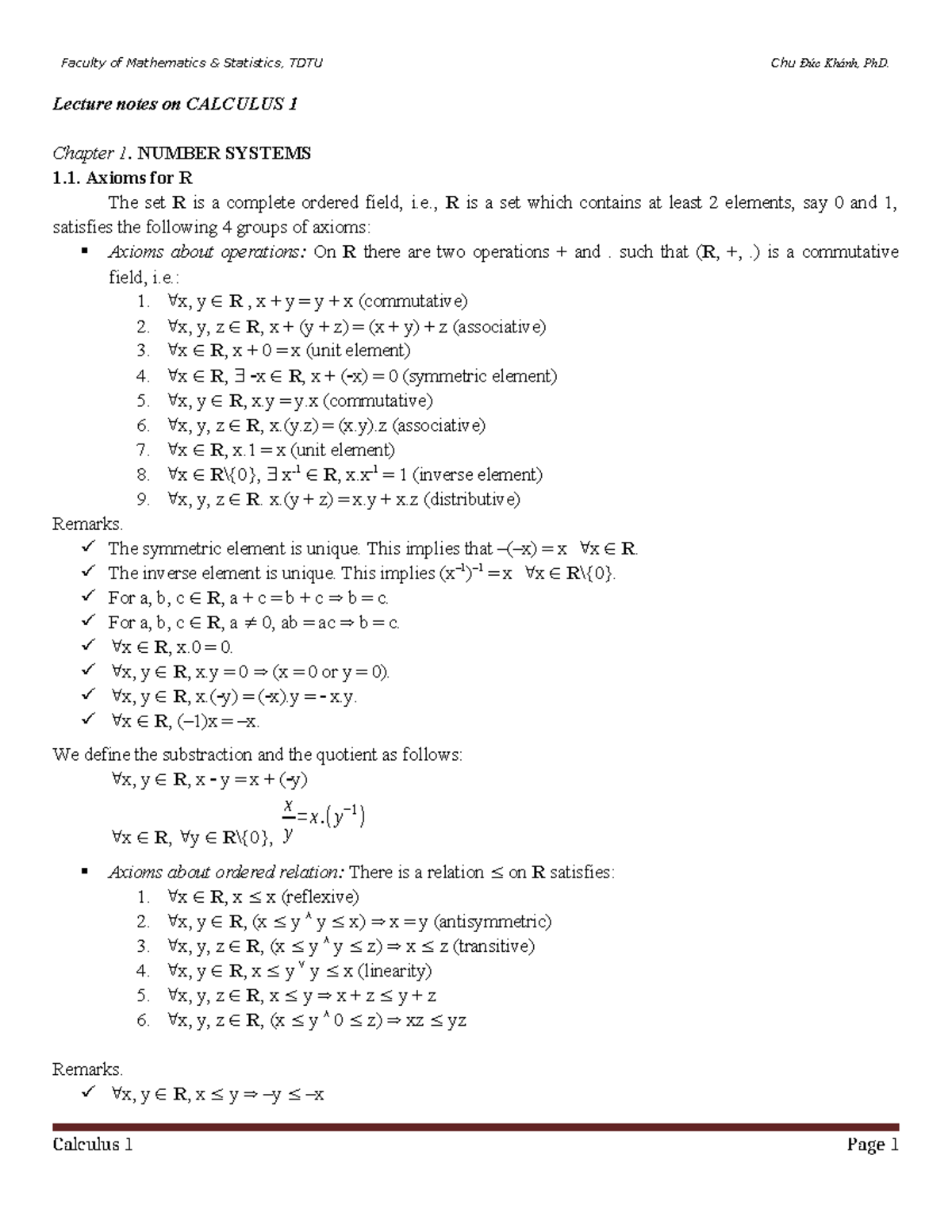 Lecture Notes on CALCULUS 1: Number Systems & Sequences (Ch 1 & 2 ...