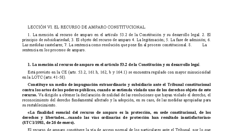 LECCIÓN VI: EL RECURSO DE AMPARO CONSTITUCIONAL (Código: 6) - Studocu