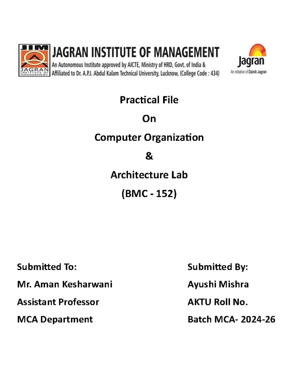 Practical File for Computer Organization & Architecture Lab (COA BMC ...