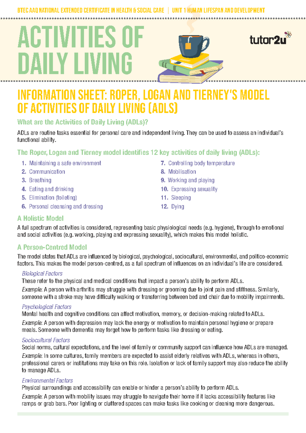 AAQ BTEC Unit 1: Understanding Activities of Daily Living (ADLs) - Studocu