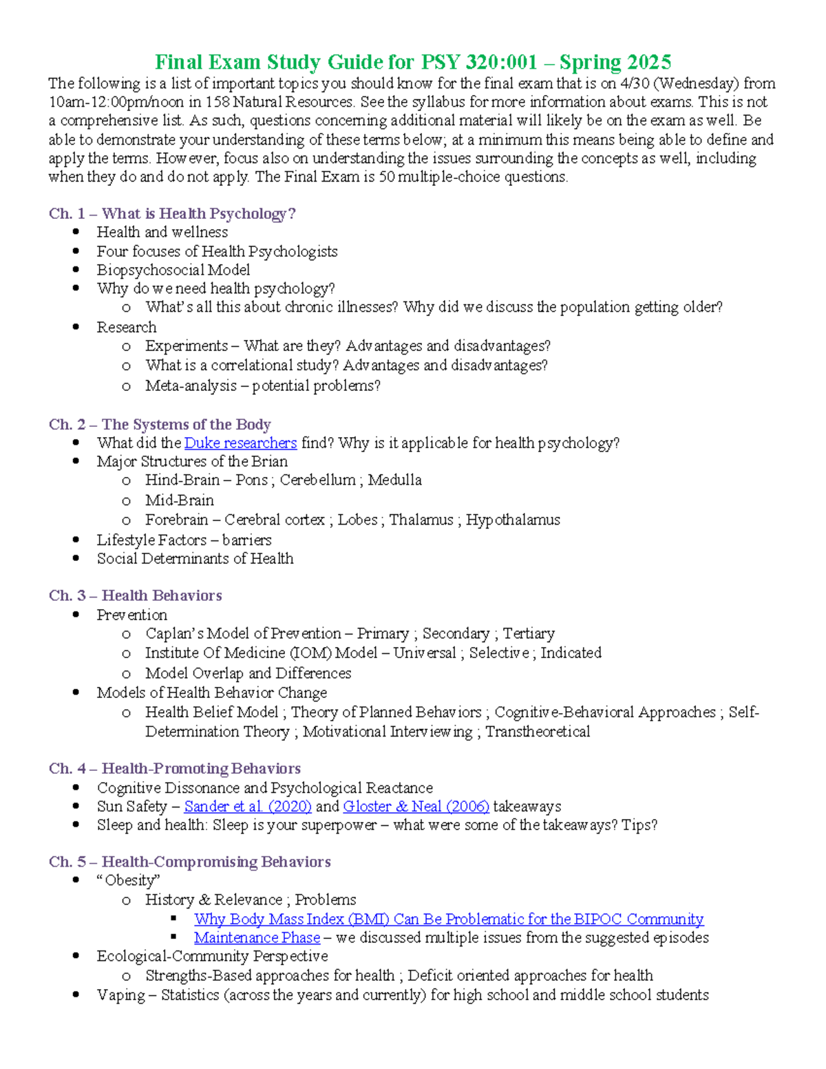 Final Exam Study Guide for PSY 320:001 – Key Topics & Concepts - Studocu