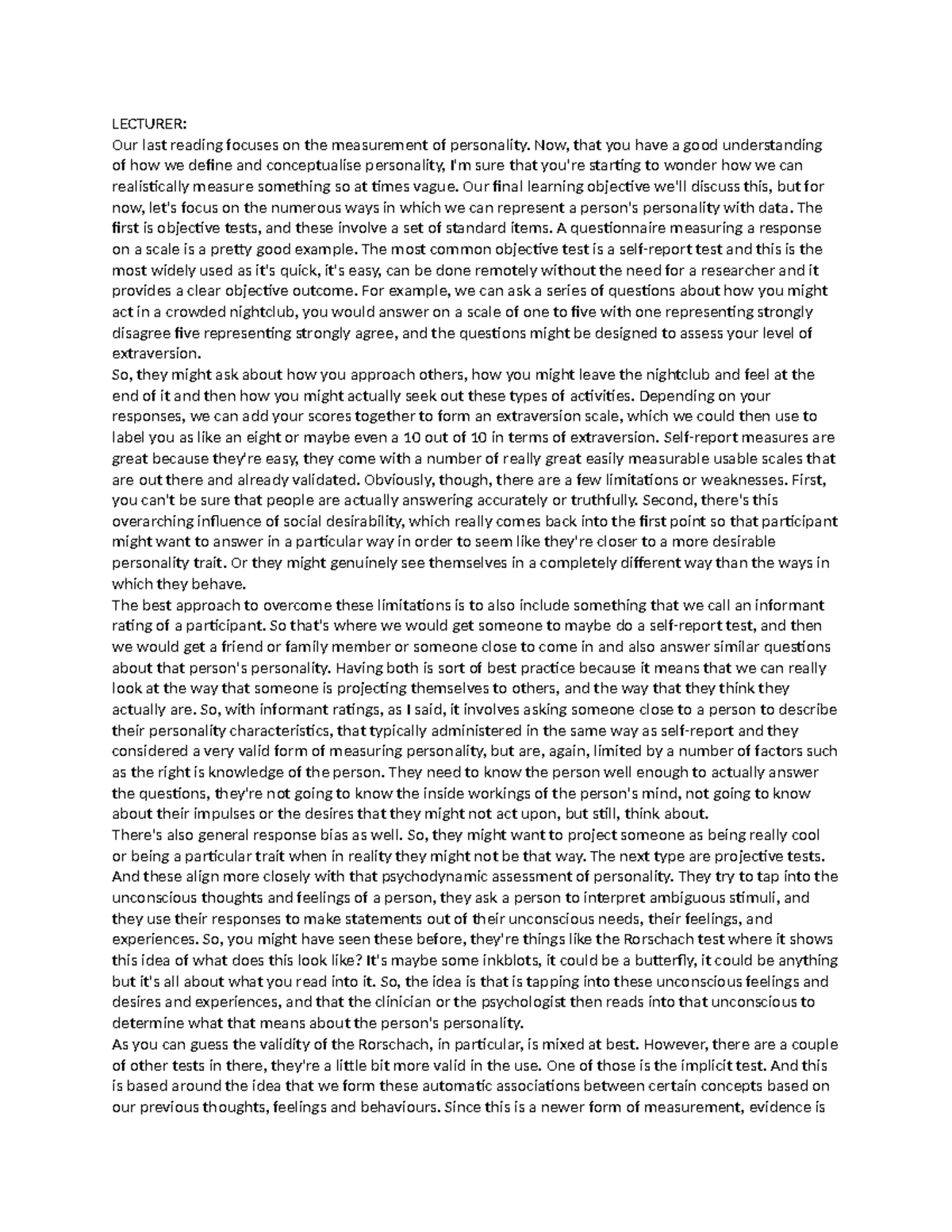 HPS121 HPY713 Topic 2: Measuring Personality - LO8 Lecture Notes - Studocu