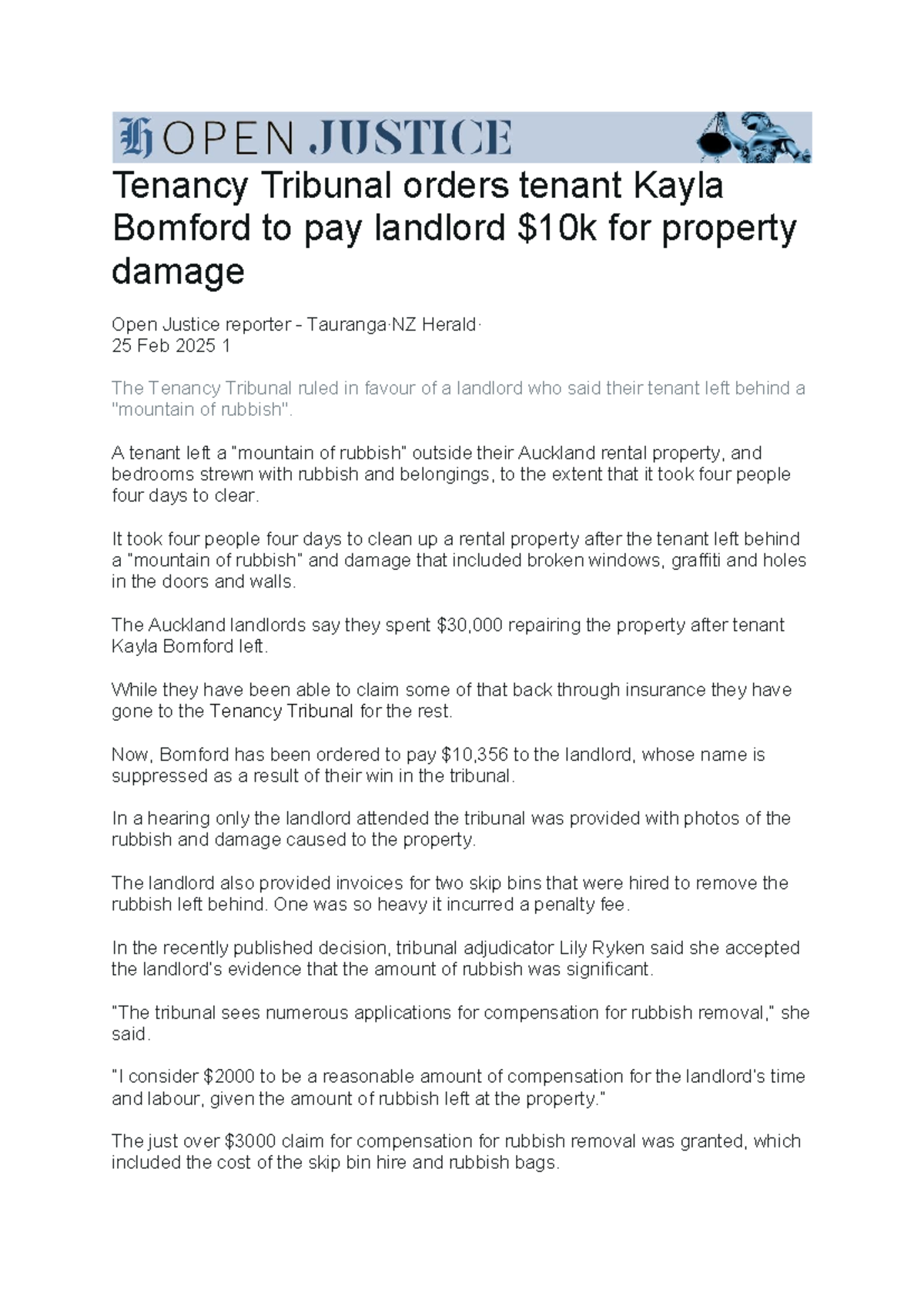 Civil - Criminal Case Study: Tenancy Tribunal Ruling on Kayla Bomford ...