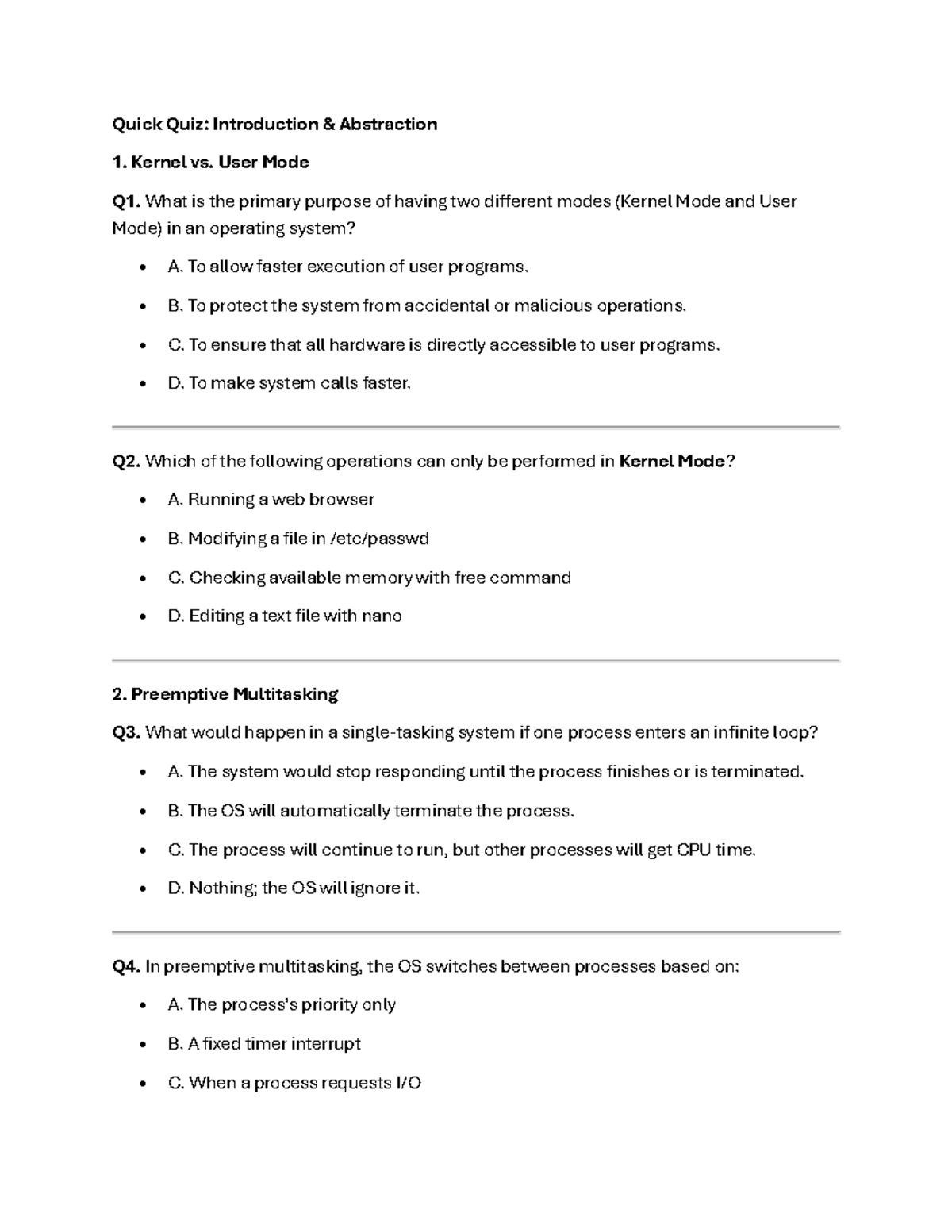 Practice Questions - Quick Quiz: Introduction & Abstraction 1. Kernel ...