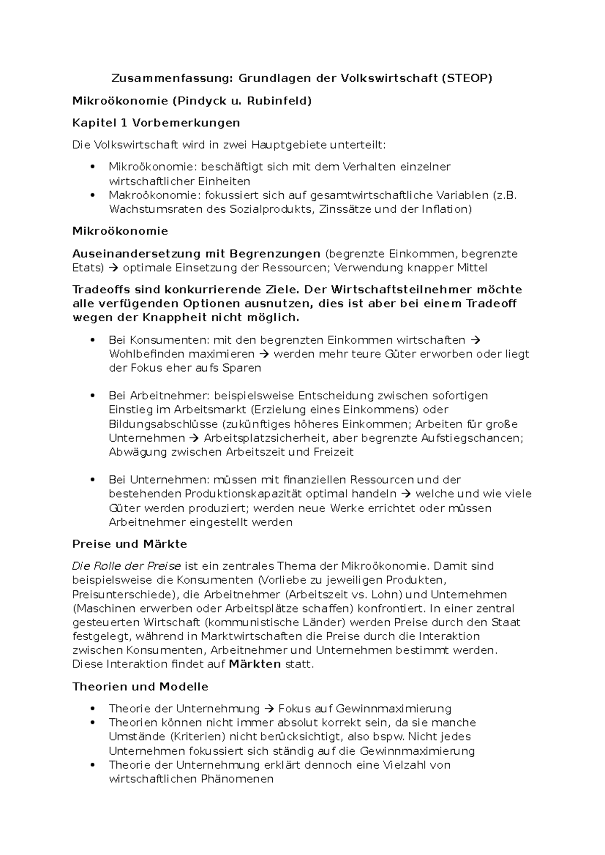 STEOP Zusammenfassung: Mikroökonomie nach Pindyck und Rubinfeld - Studocu
