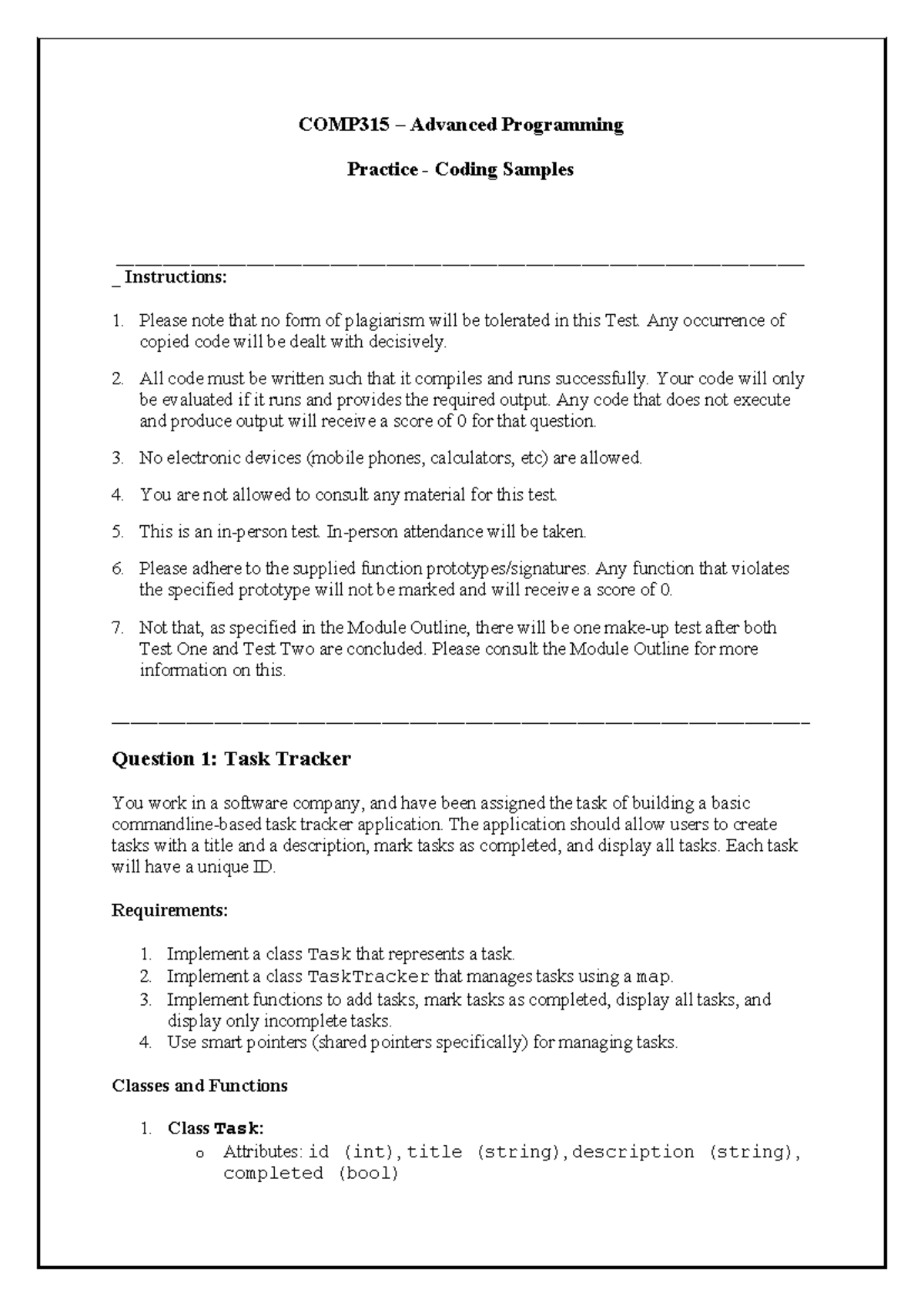 COMP315 Advanced Programming Coding Samples & Instructions - Studocu