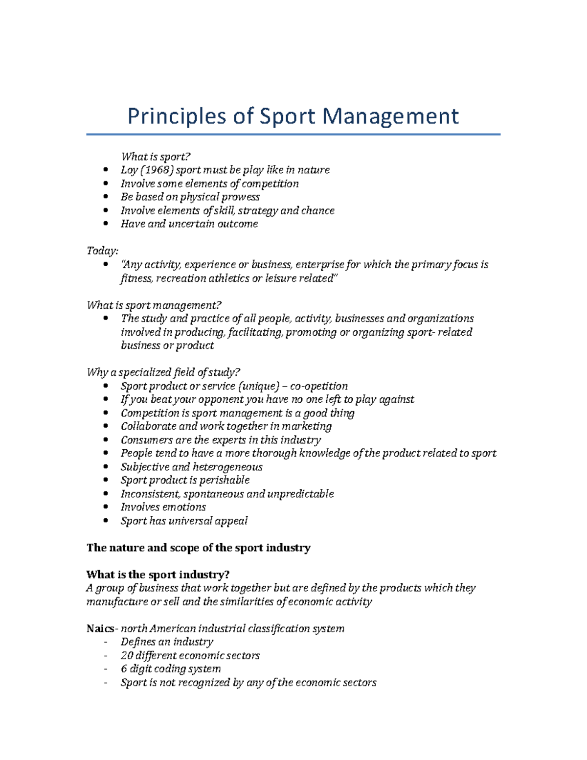 Lecture Notes, Lectures 1-18 - Jess Dixon First Year Sport Management ...