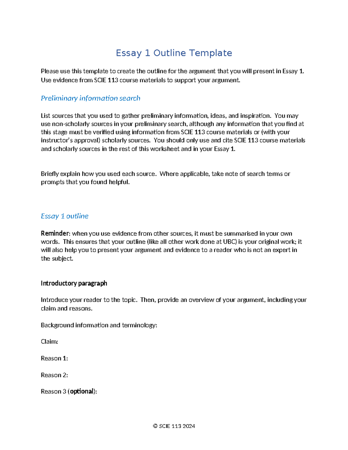SCIE 113 Essay 1 Outline Template for Argument Development - Studocu