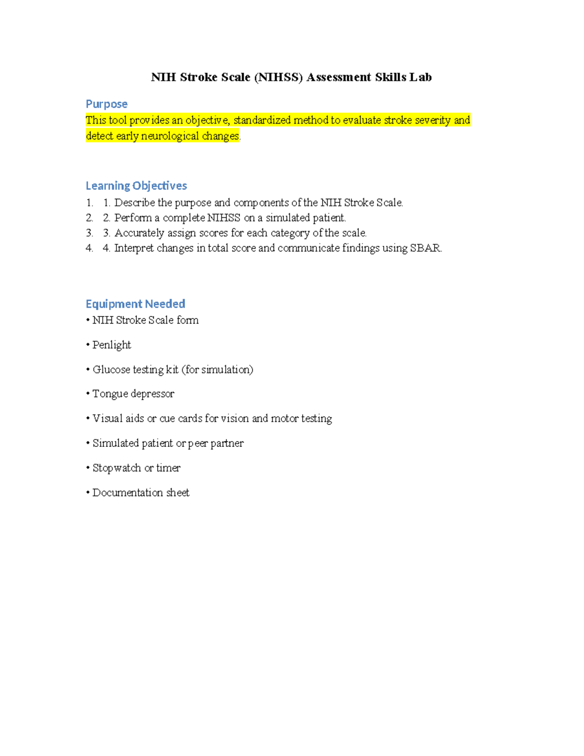 NIH Stroke Scale (NIHSS) Assessment Skills Lab Guide - Studocu
