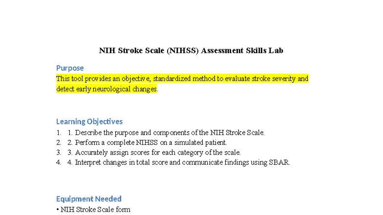 NIH Stroke Scale (NIHSS) Assessment Skills Lab Guide - Studocu