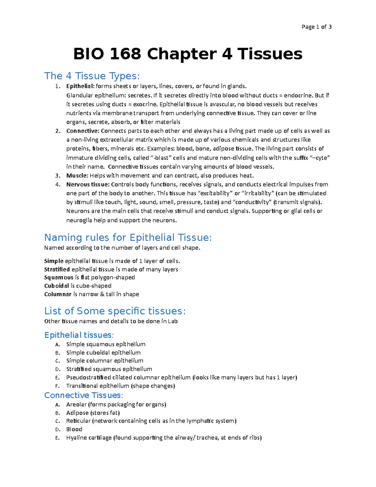 BIO 168 Lecture Notes: Chapter 4 - Tissues Overview and Functions - Studocu