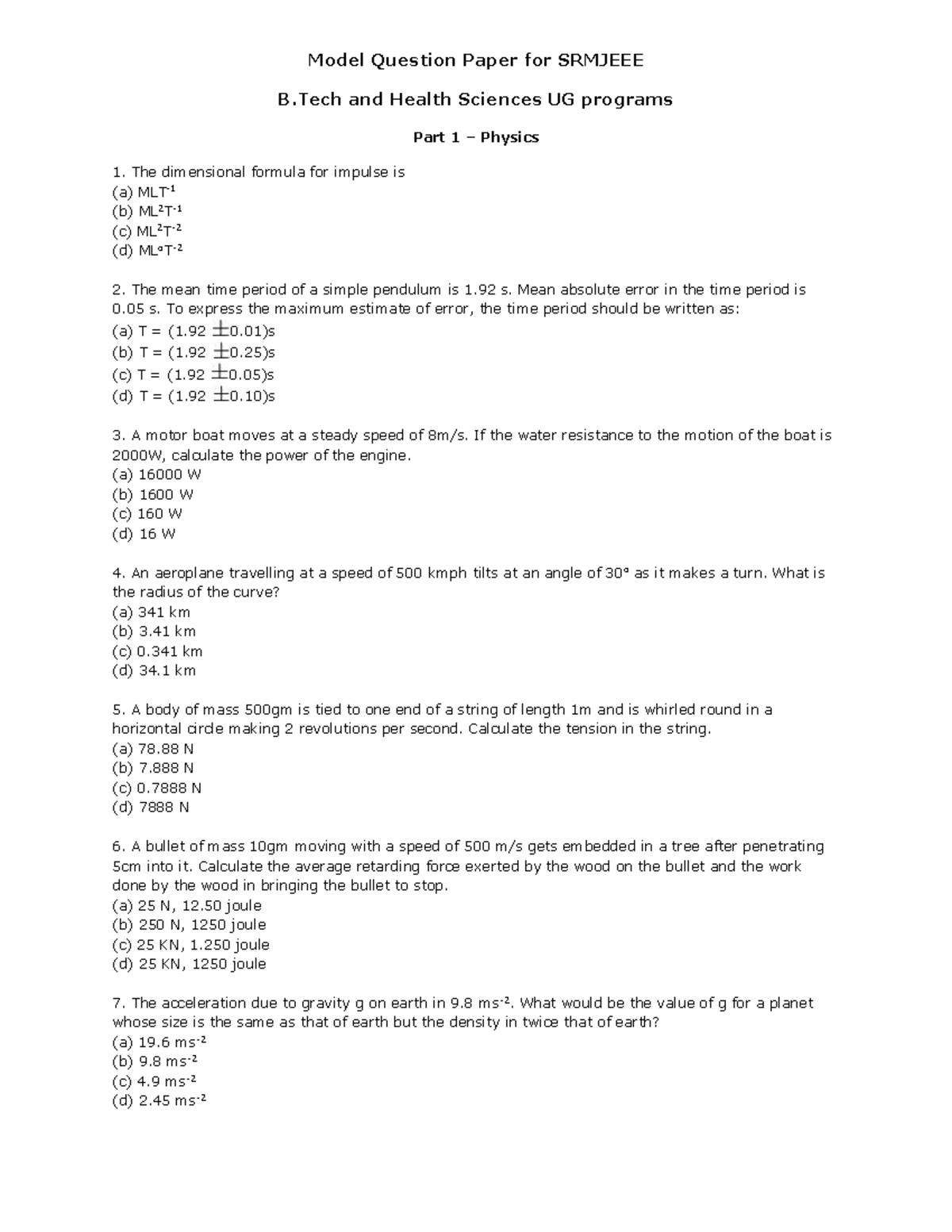 Srmjeee UG B - Model Question Paper for SRMJEEE B and Health Sciences ...