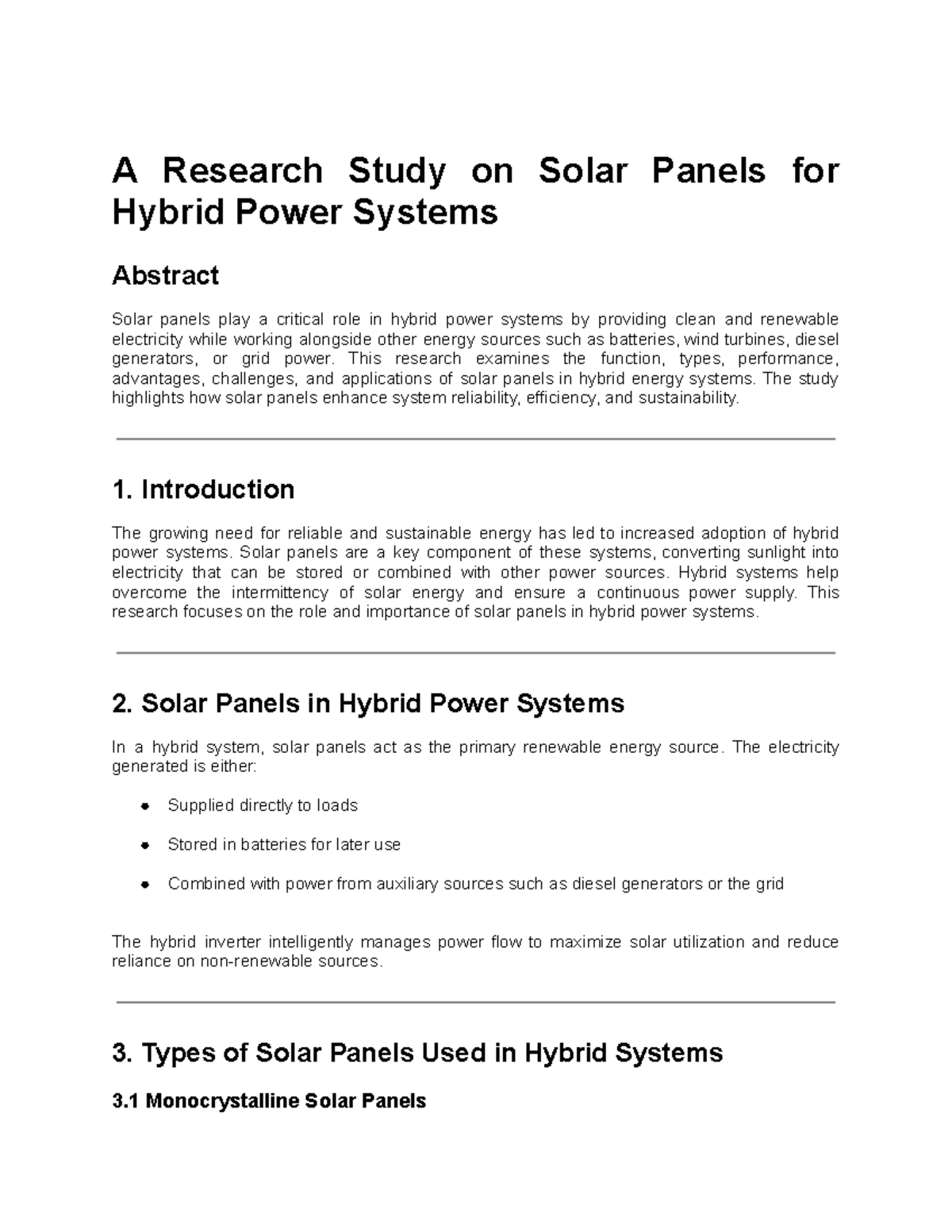 Research Study on Solar Panels in Hybrid Power Systems - Studocu