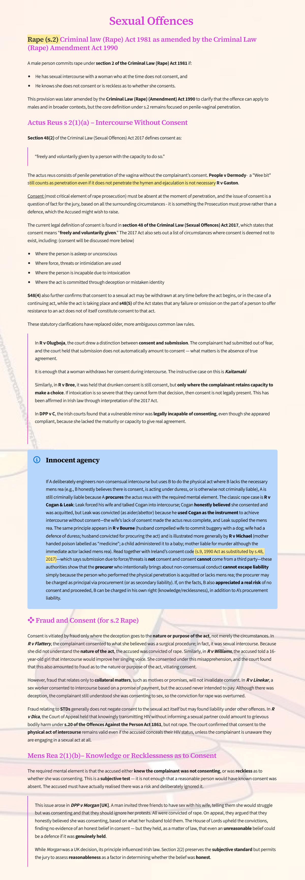 Sexual Offences Overview: FE1 Notes on Rape & Consent Law - Studocu