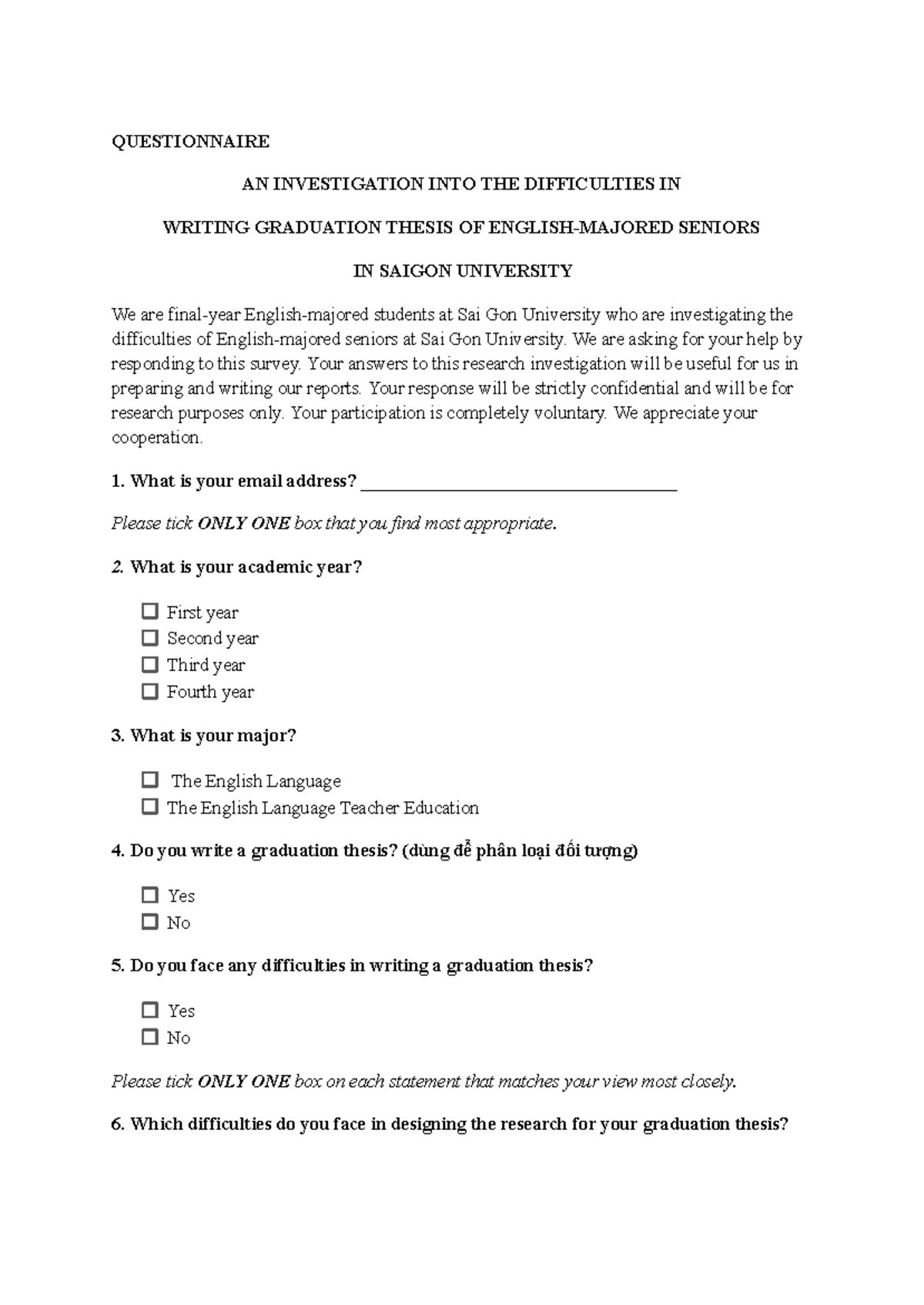 Questionnaire on Thesis Writing Challenges for English Majors - GRHR ...