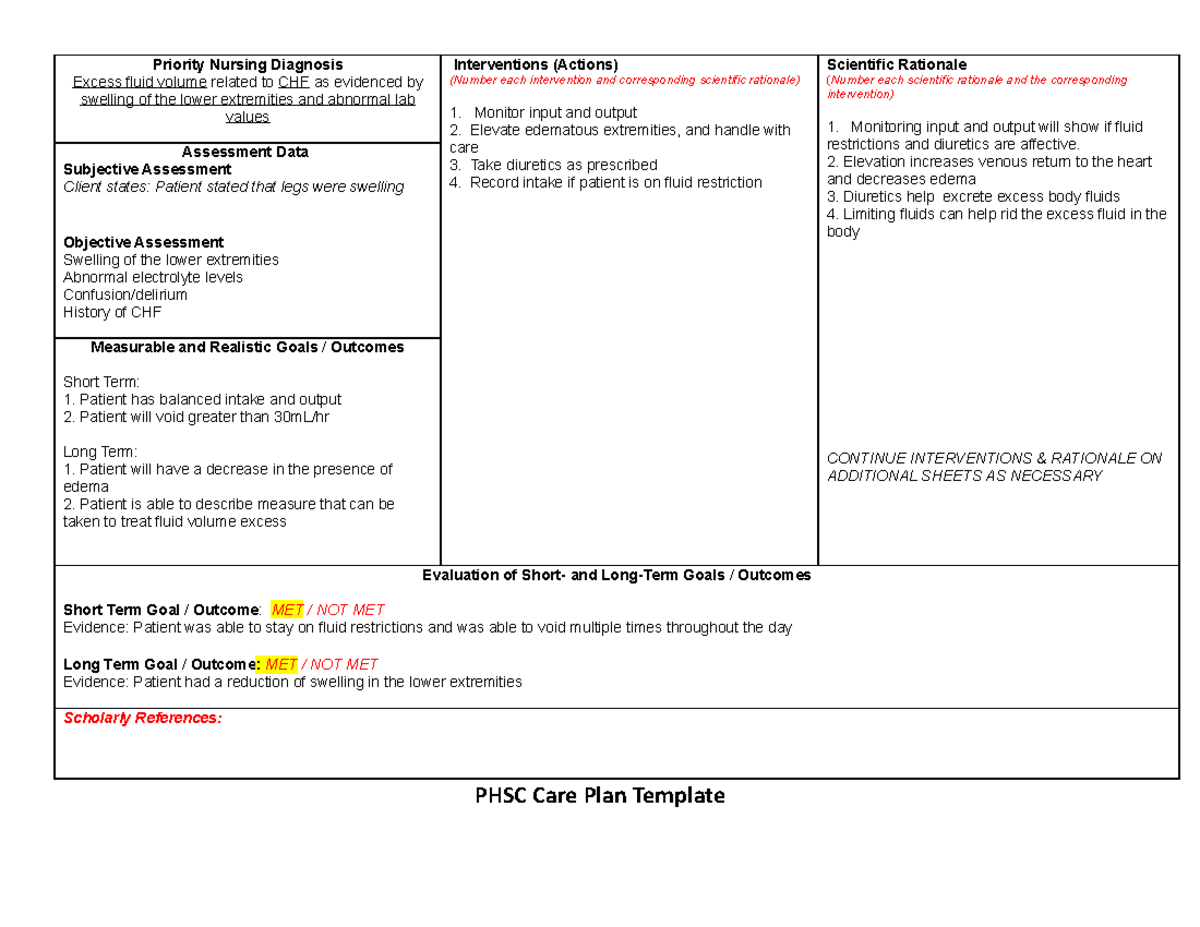 Adult Nursing 1 Care Plan: Managing Excess Fluid Volume in CHF - Studocu