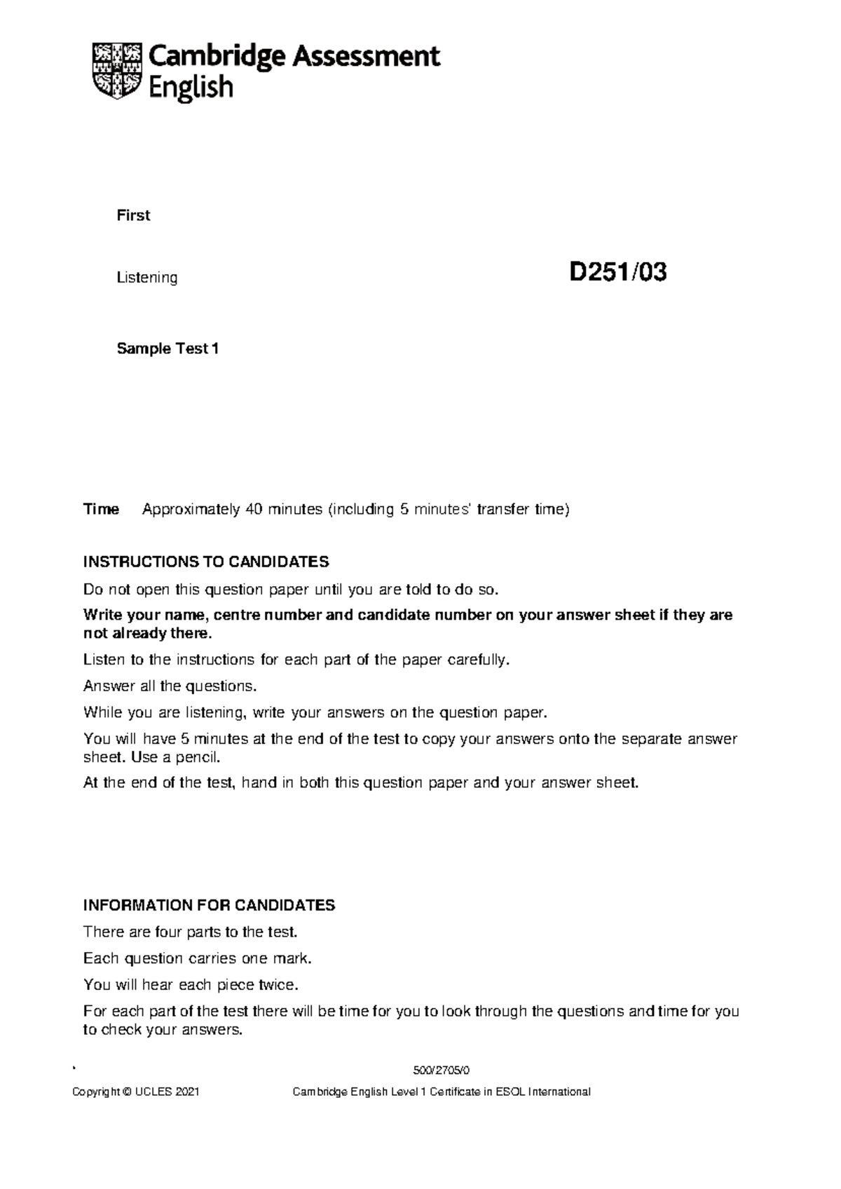 B2 First Listening Sample Paper 1 - Practice Test D251/ - Studocu