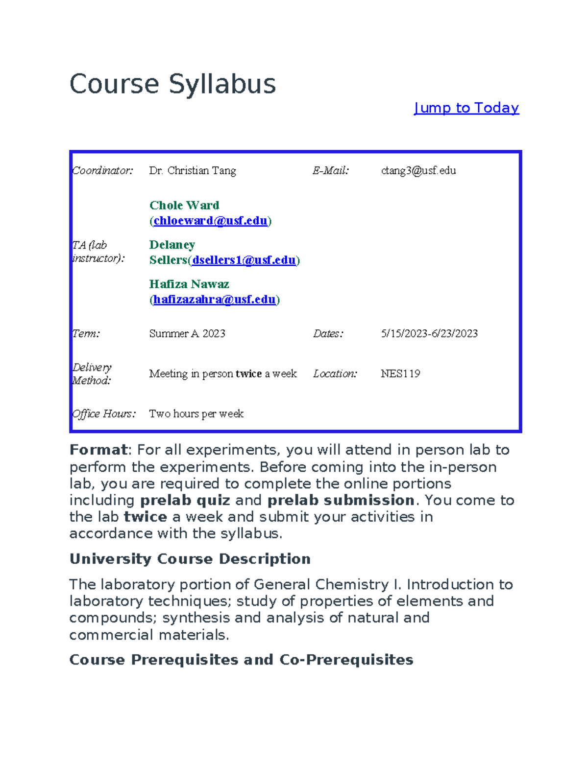 USF CHM 1 Lab Syllabus - Summer A 2023 with Course Details - Studocu
