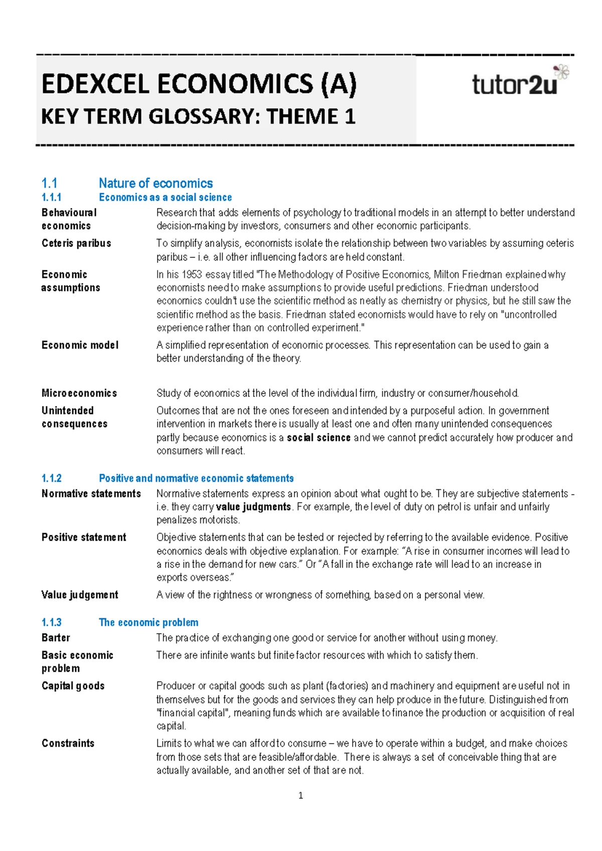 EDEXCEL ECONOMICS (A) GLOSSARY: THEME 2 - MEASURES OF ECONOMIC ...