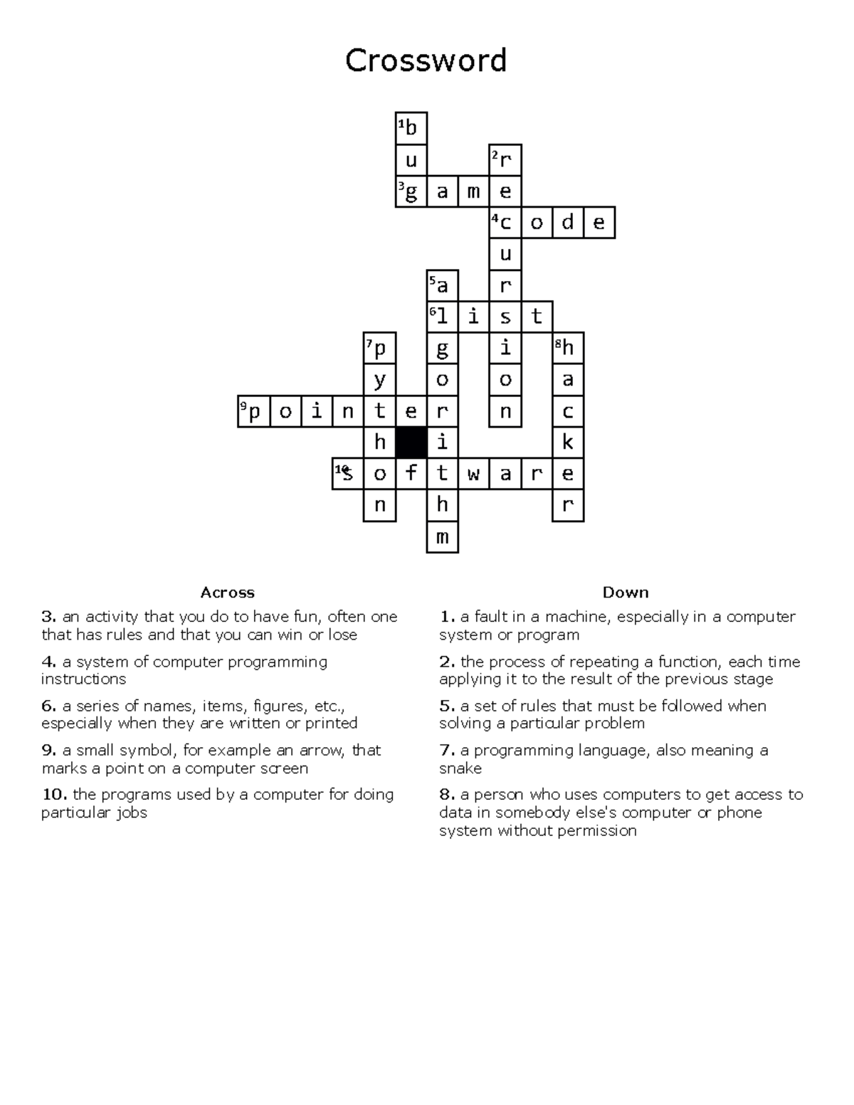 CS101: Crossword Puzzle Answers and Clues Guide - Studocu