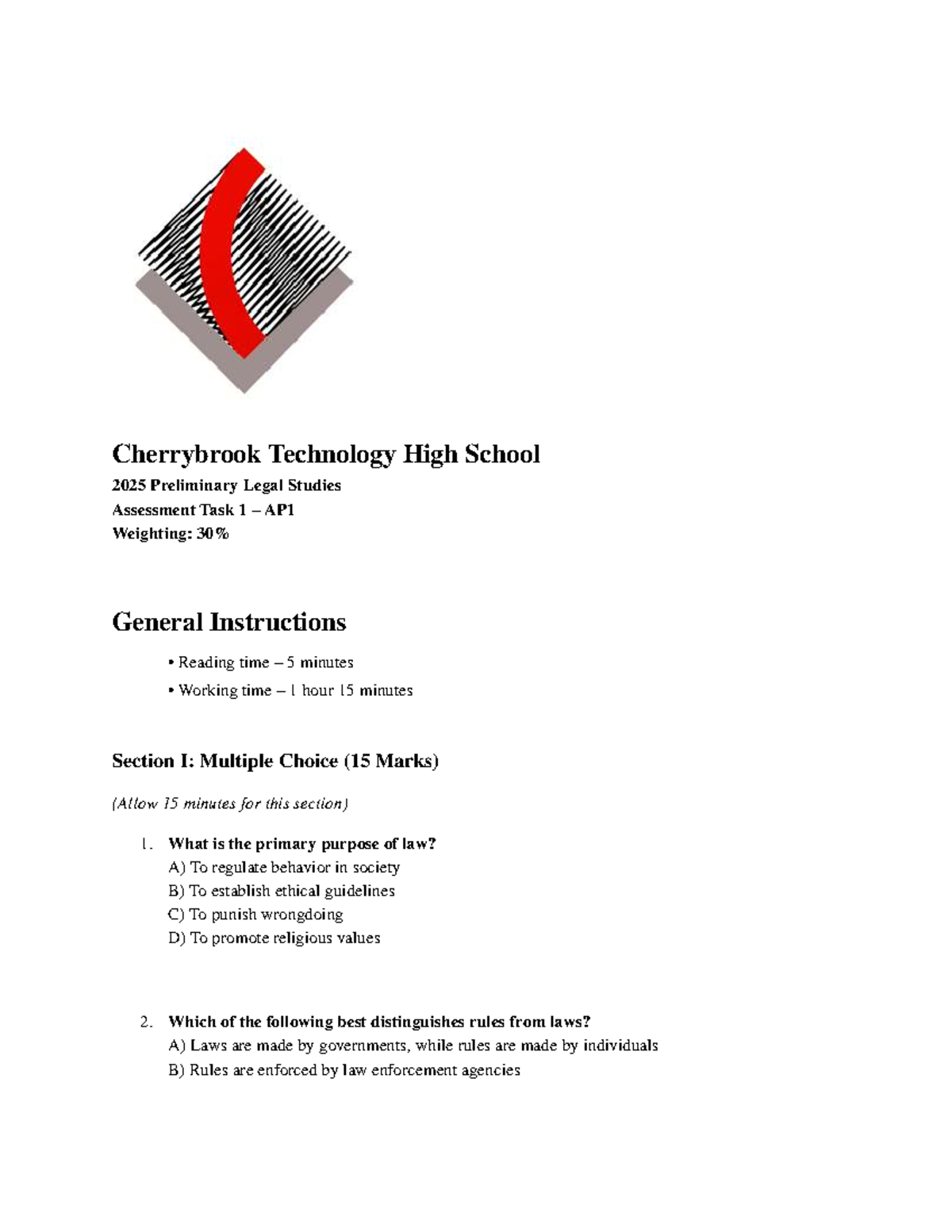Cherrybrook Tech High 2025 Legal Assessment Task 1 - AP1 Practice Paper ...