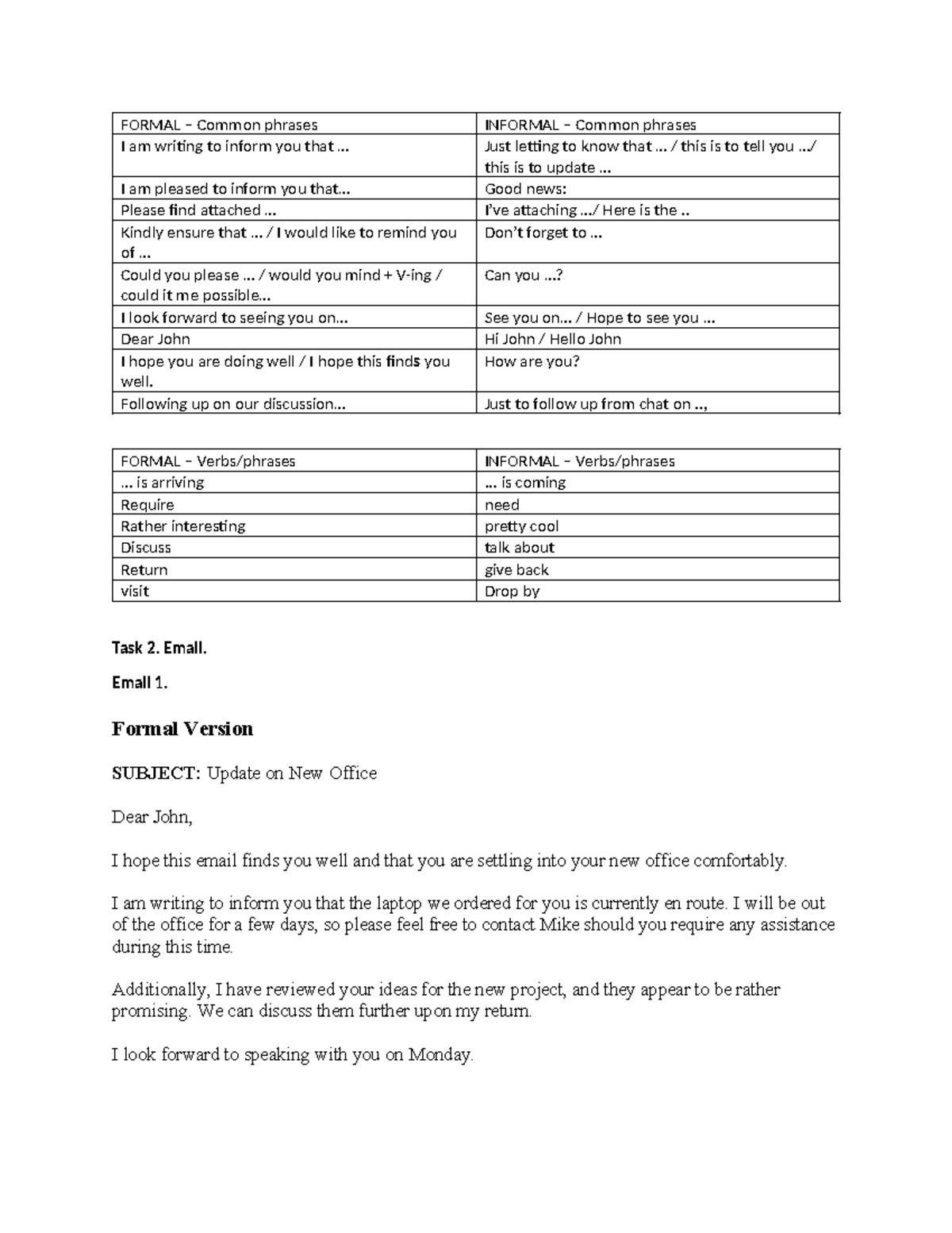 Formal and Informal Email Phrases for BT Tiếng Anh Thương Mại 4 - Studocu
