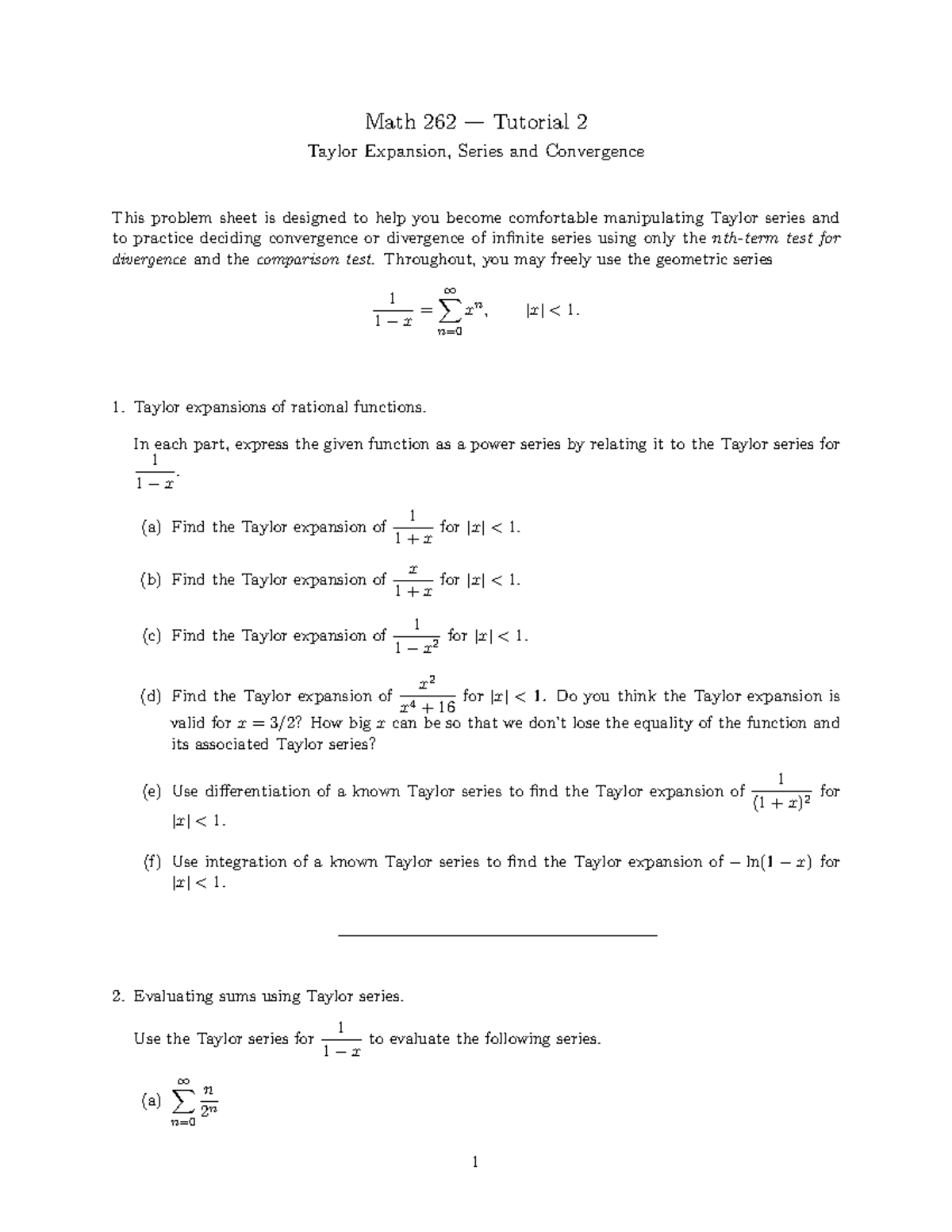Math 262 Tutorial 2: Taylor Series, Expansion & Convergence - Studocu