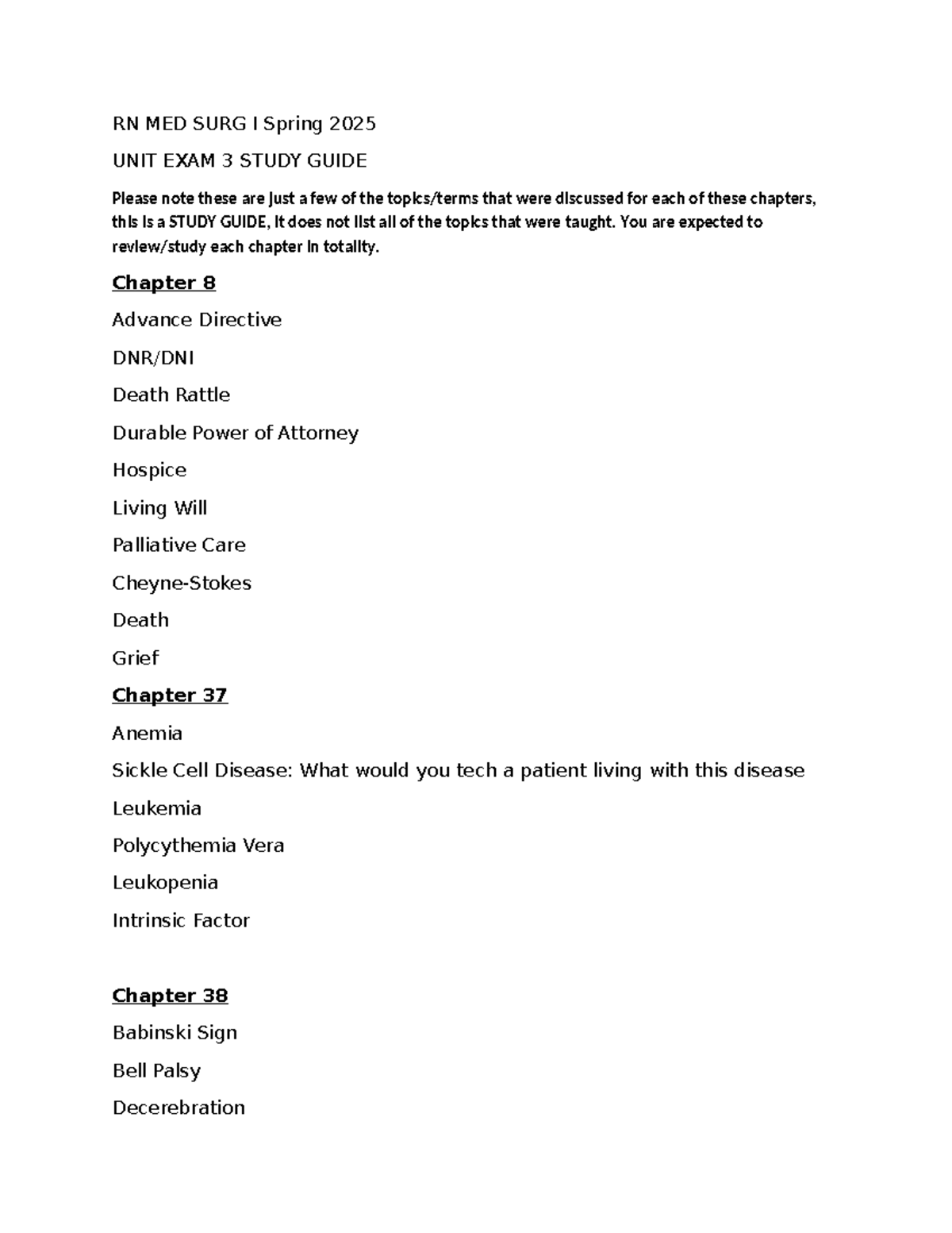 RN MED SURG I Spring 2025 Unit Exam 3 Comprehensive Study Guide - Studocu