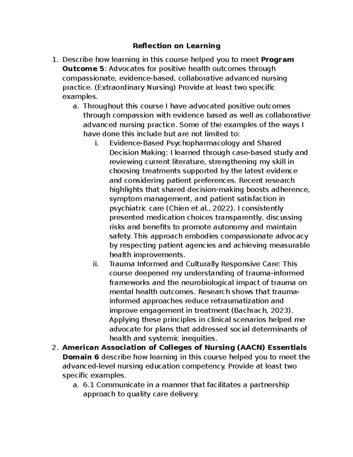 Reflection on Learning: Meeting Program Outcome 5 in Nursing - Studocu
