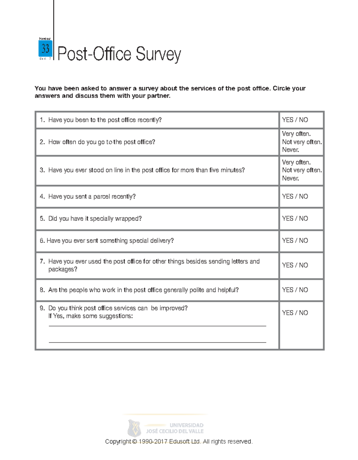 Intermediate I Handout 33: Unit 7 Post Office Services Survey - Studocu