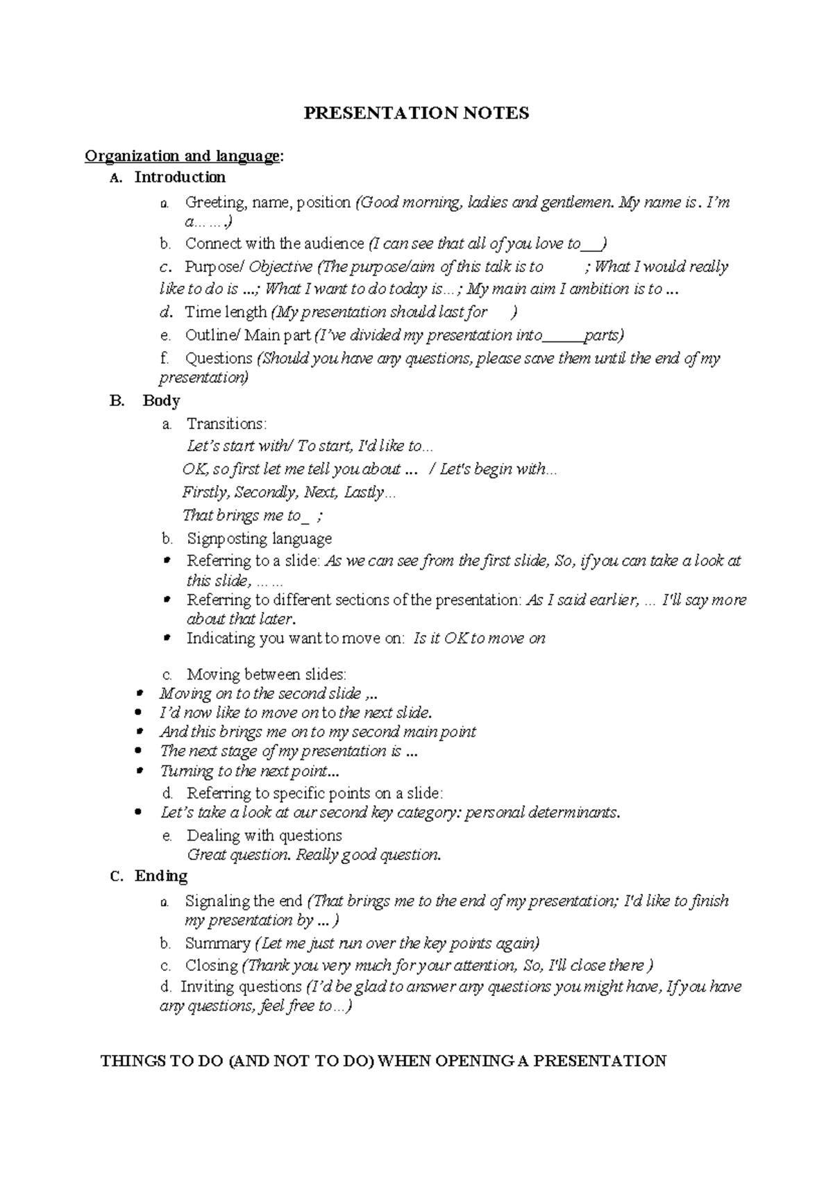 Presentation notes - eng - PRESENTATION NOTES Organization and language ...