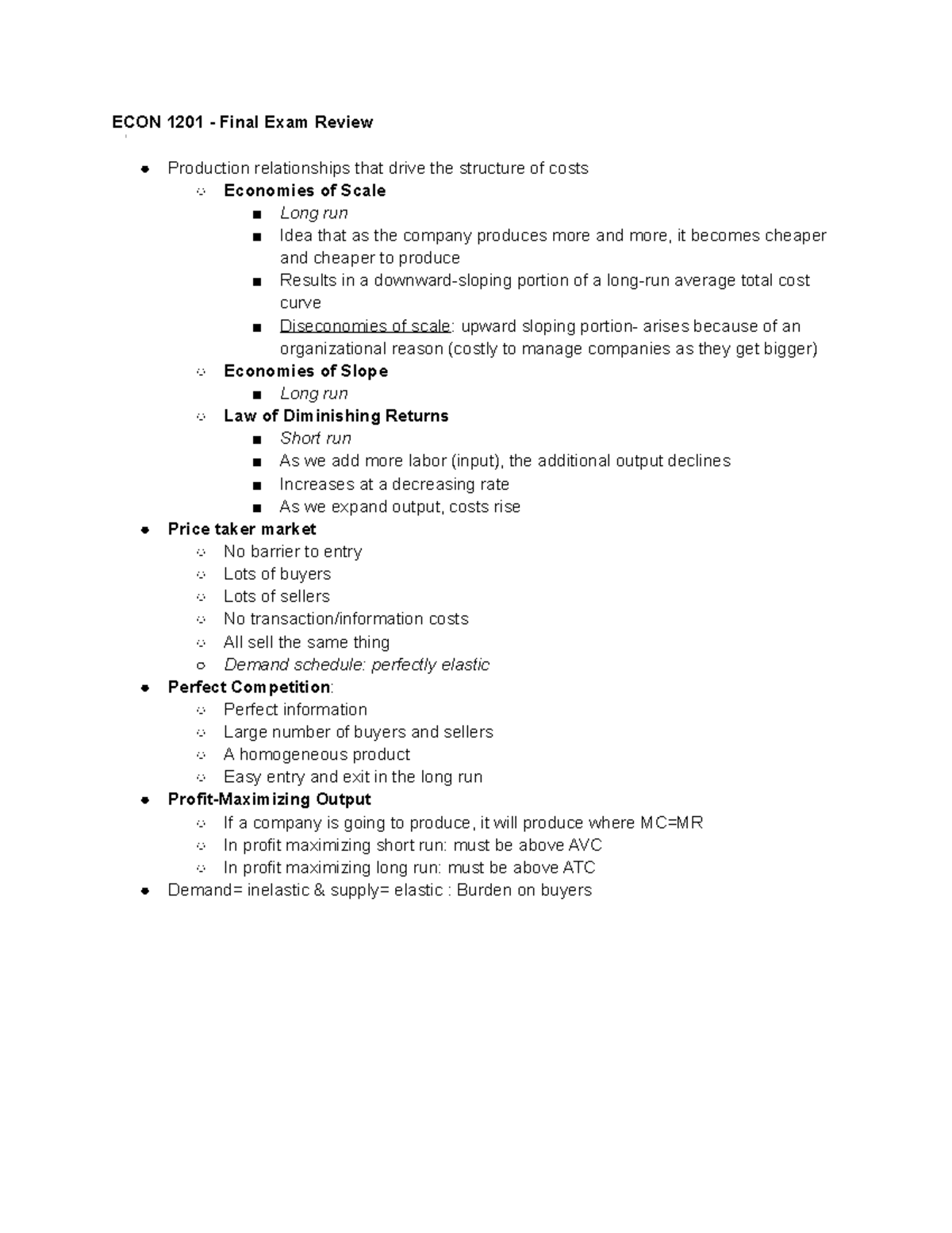 ECON 1201 - Final Exam Review and Key Economic Concepts - Studocu