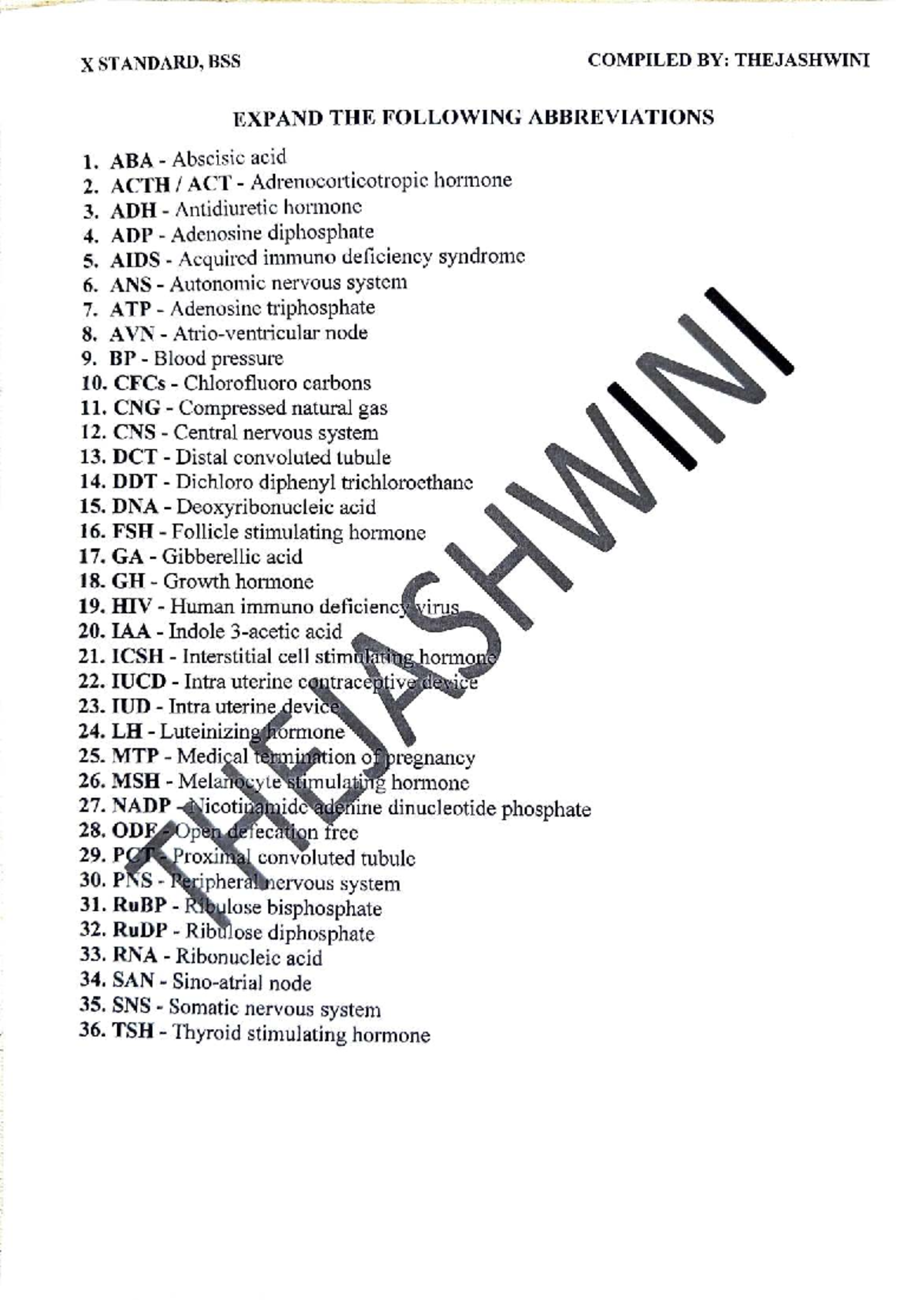 X Bio: Expanded Abbreviations for 10th Standard (BSS) - Studocu