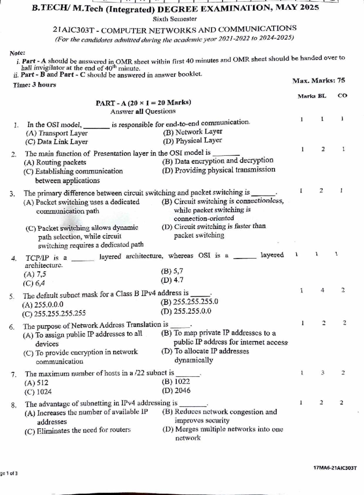 21AIC303T Computer Networks and Communications Final Exam Guide - Studocu