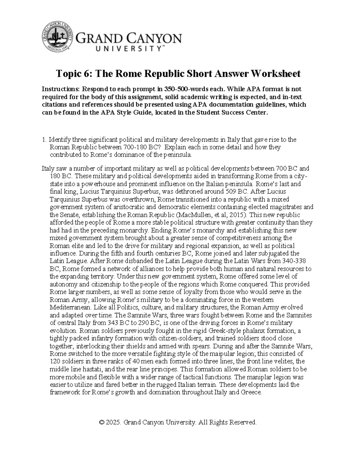 COMP HIS-325 T6: The Rome Republic Short Answer Worksheet - Studocu