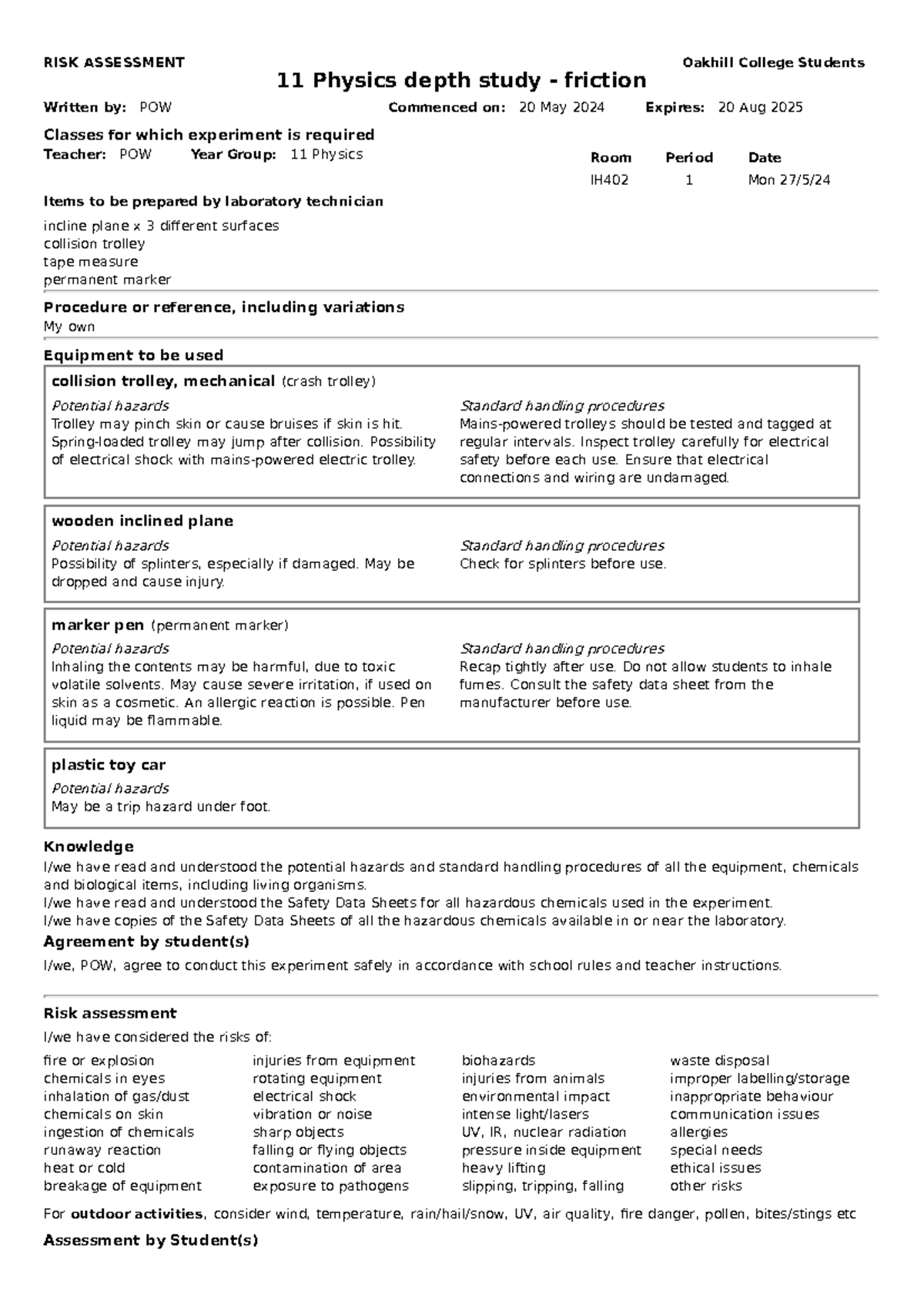 11 Physics Depth Study: Friction Experiment Risk Assessment Guide - Studocu