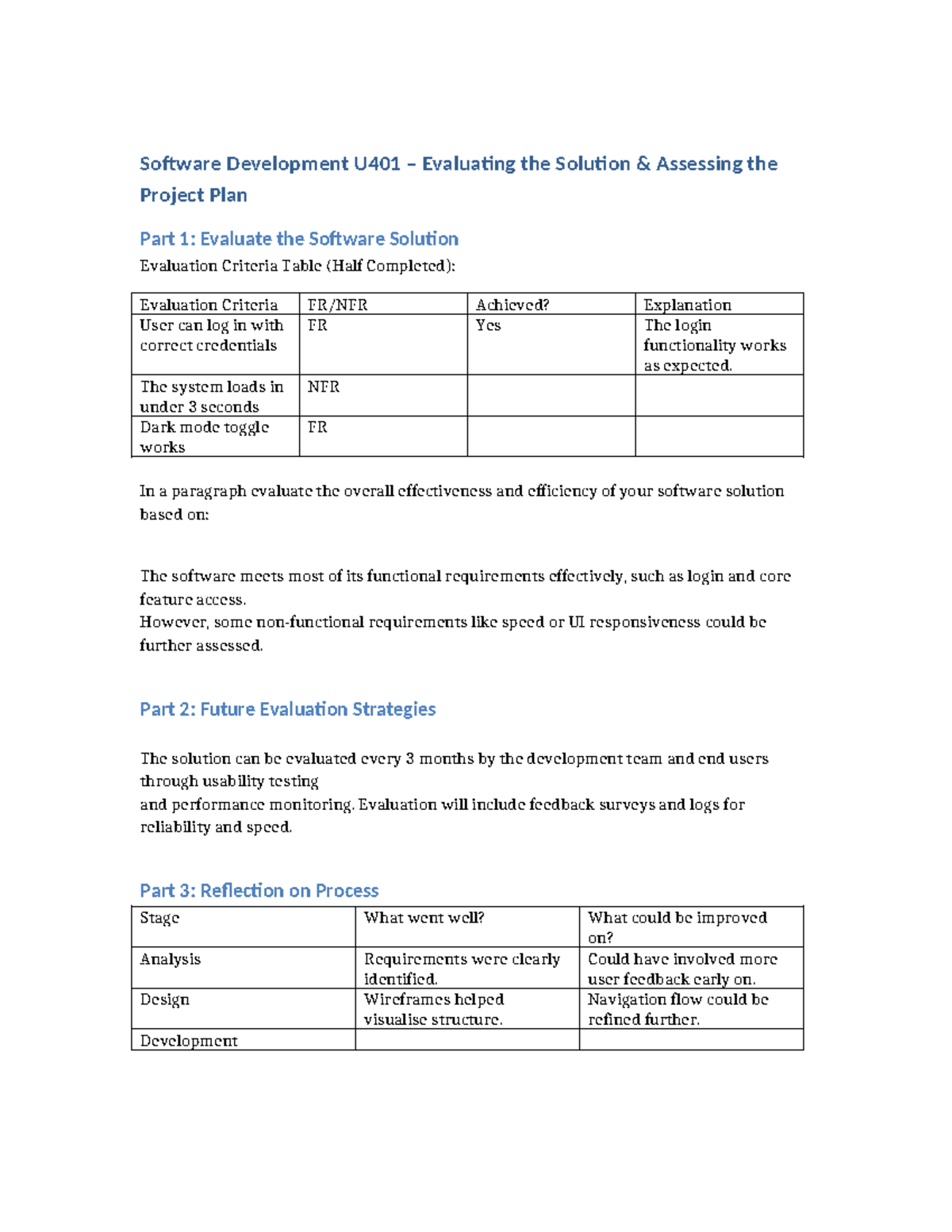 U401 Software Development Evaluation: Project Plan Assessment Part 1 ...