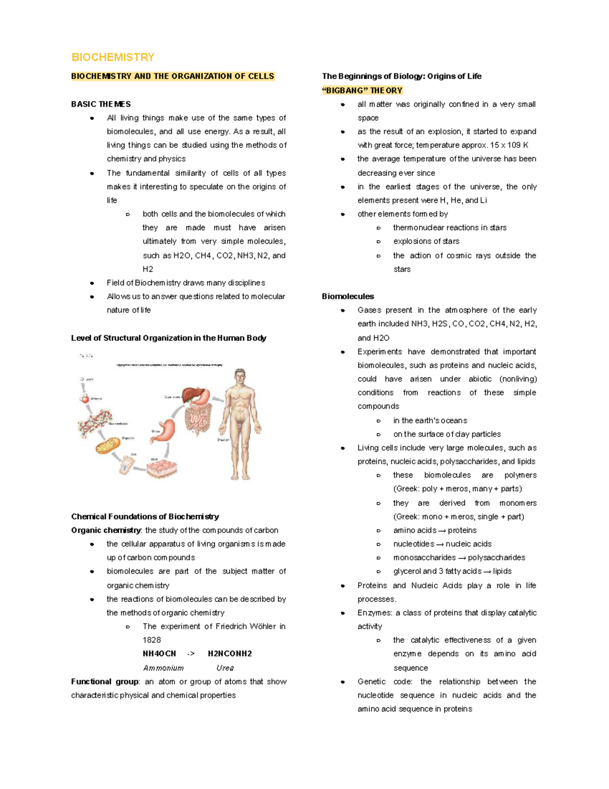 BIOCHEM 101: Prelim Notes on Cell Organization and Biomolecules - Studocu