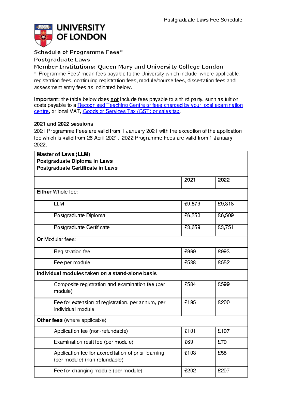Laws Postgraduate Fee Schedule - LLM 2021-2022 Overview - Studocu