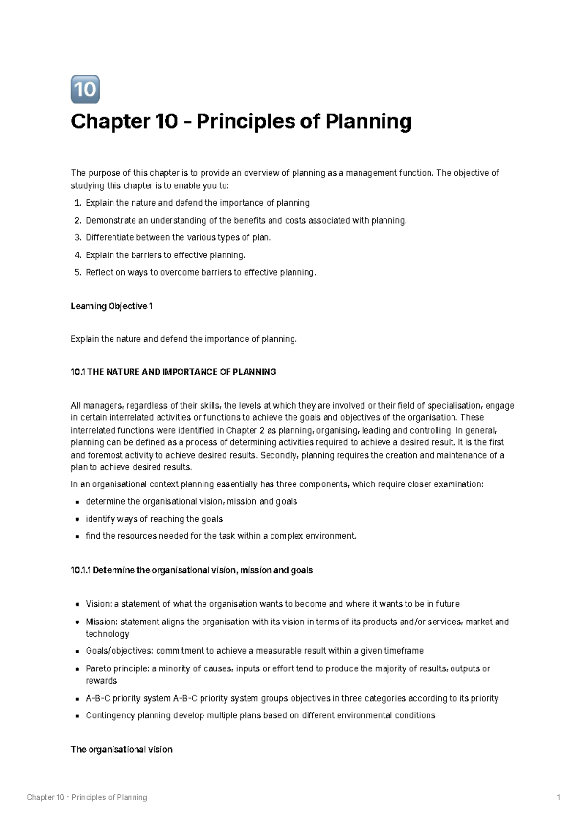 Chapter 10: Principles of Planning in Management 101 Overview - Studocu