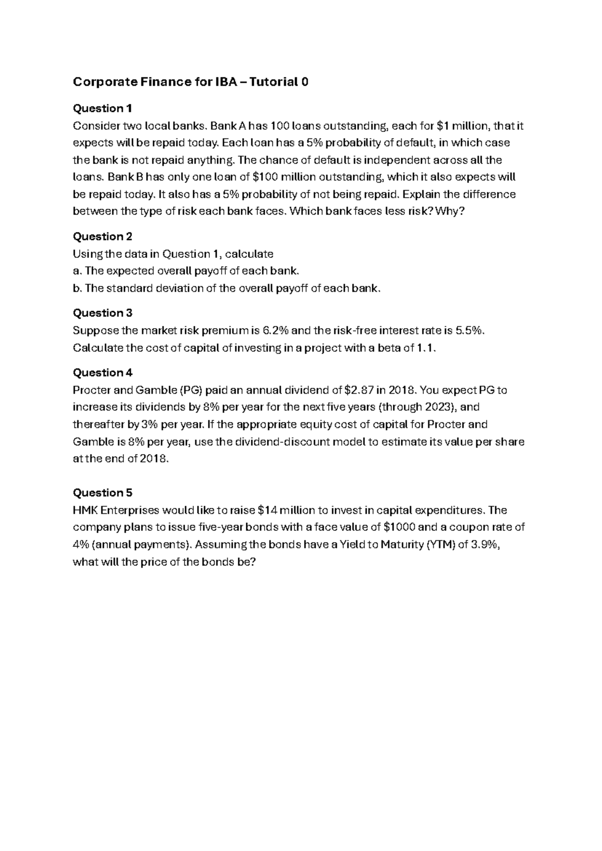 Corporate Finance for IBA - Tutorial 0: Risk Assessments and ...