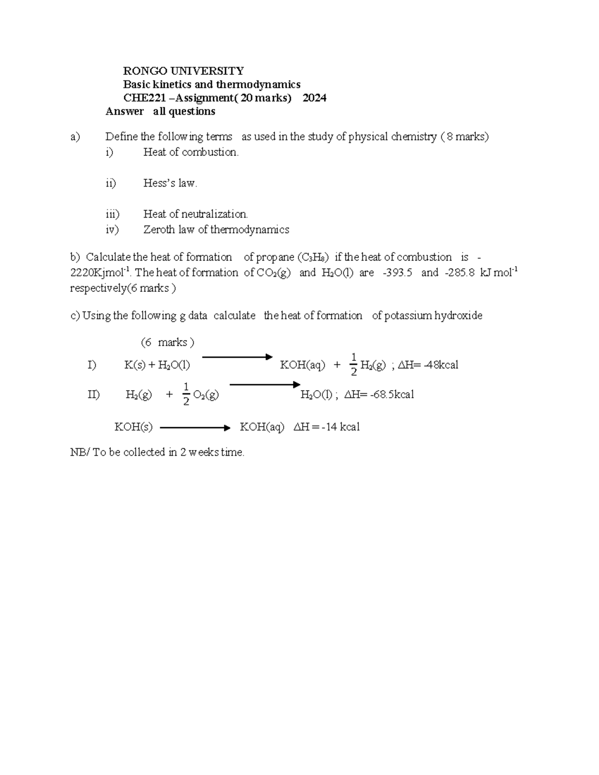 CHE221 Basic Kinetics & Thermodynamics Assignment 2024 - Studocu