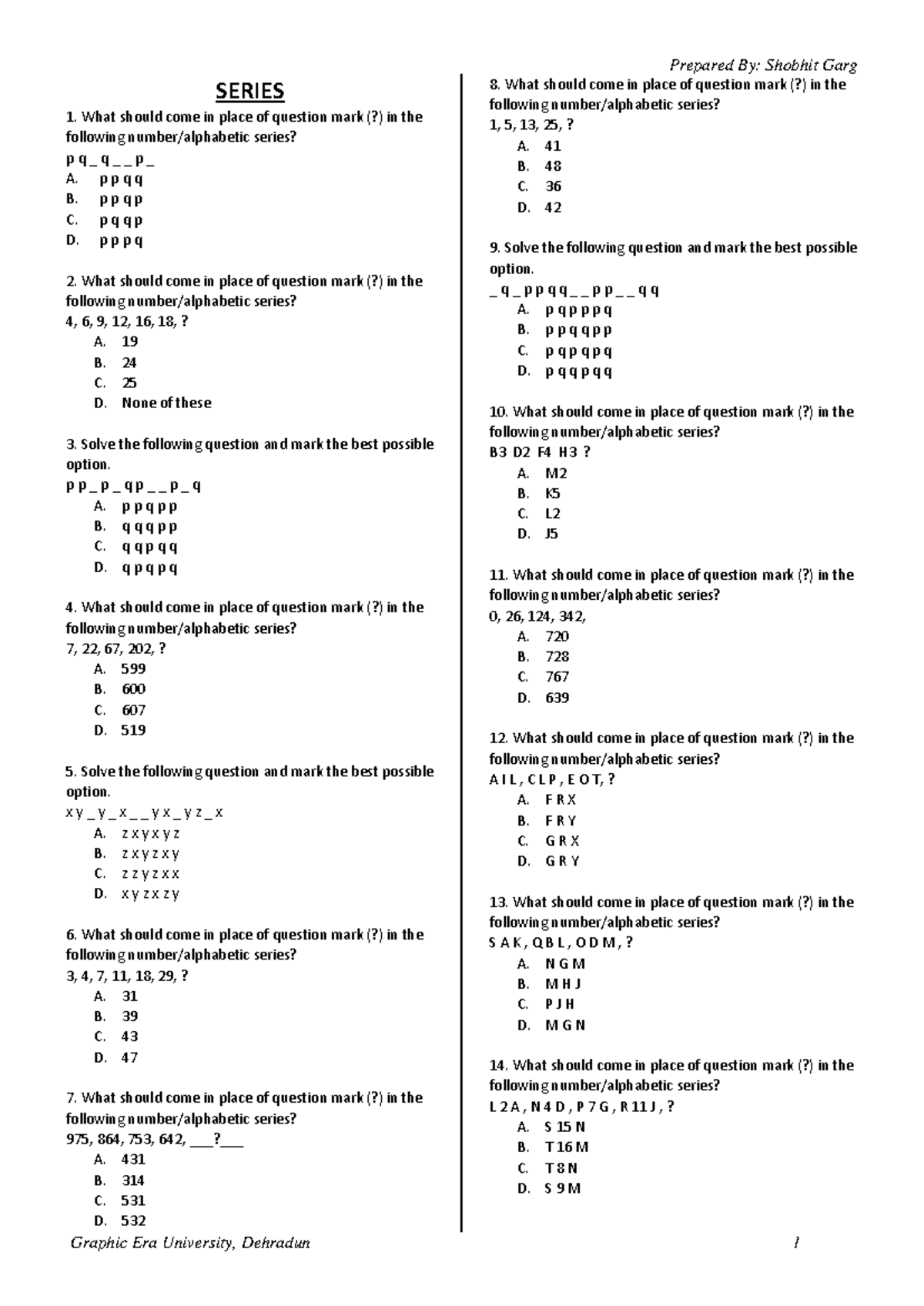 Series and Coding Decoding Study Material - GEU - Studocu
