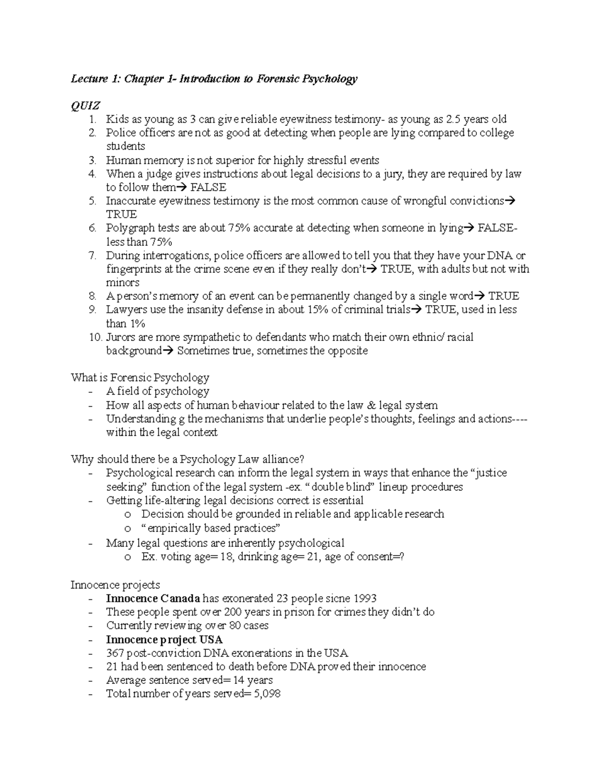 Lecture 1- Introduction to Forensic Psychology - Lecture 1: Chapter 1 ...