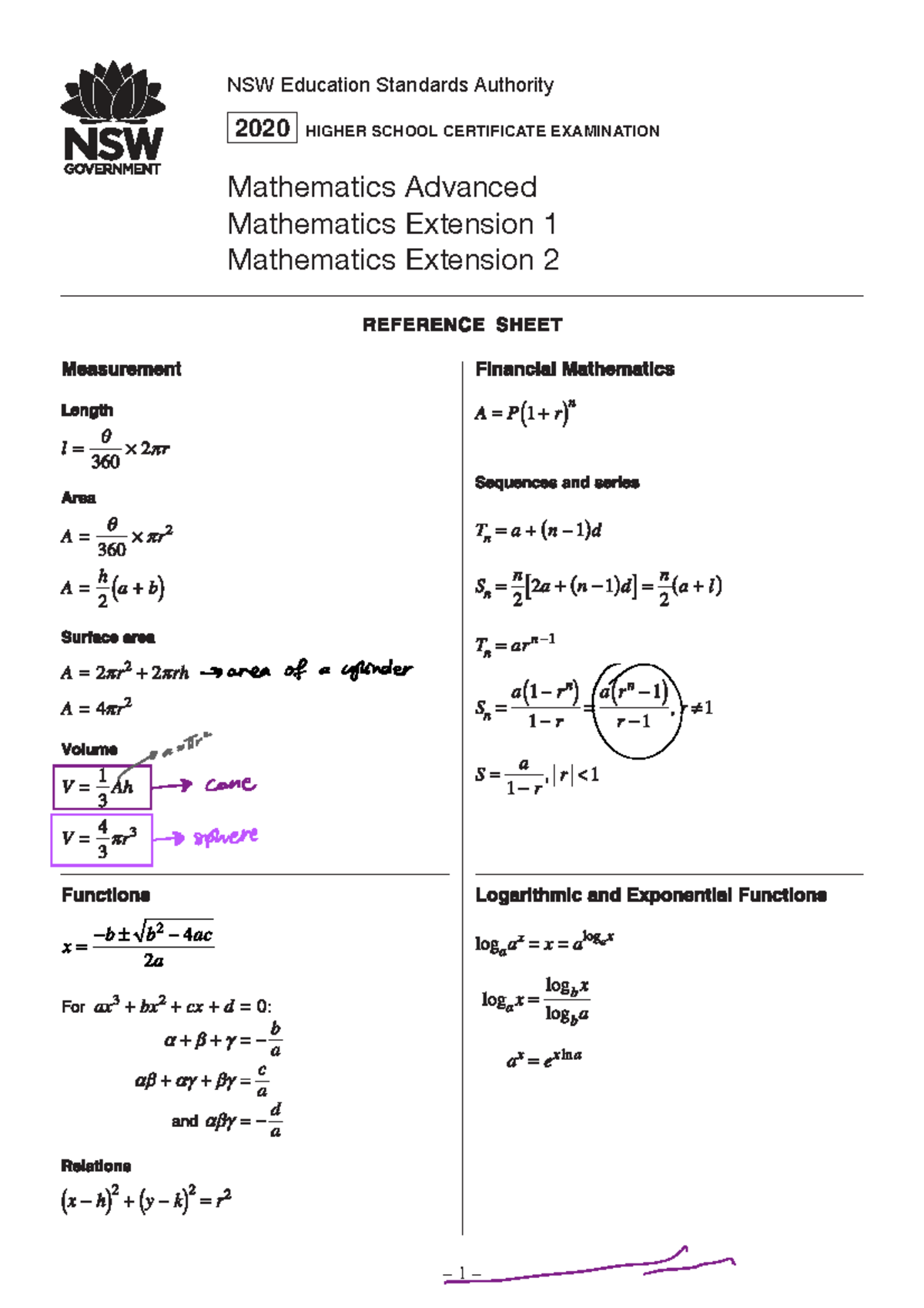 Mathematics advanced ext1 ext2 reference sheet nov2019 - 1 – NSW ...
