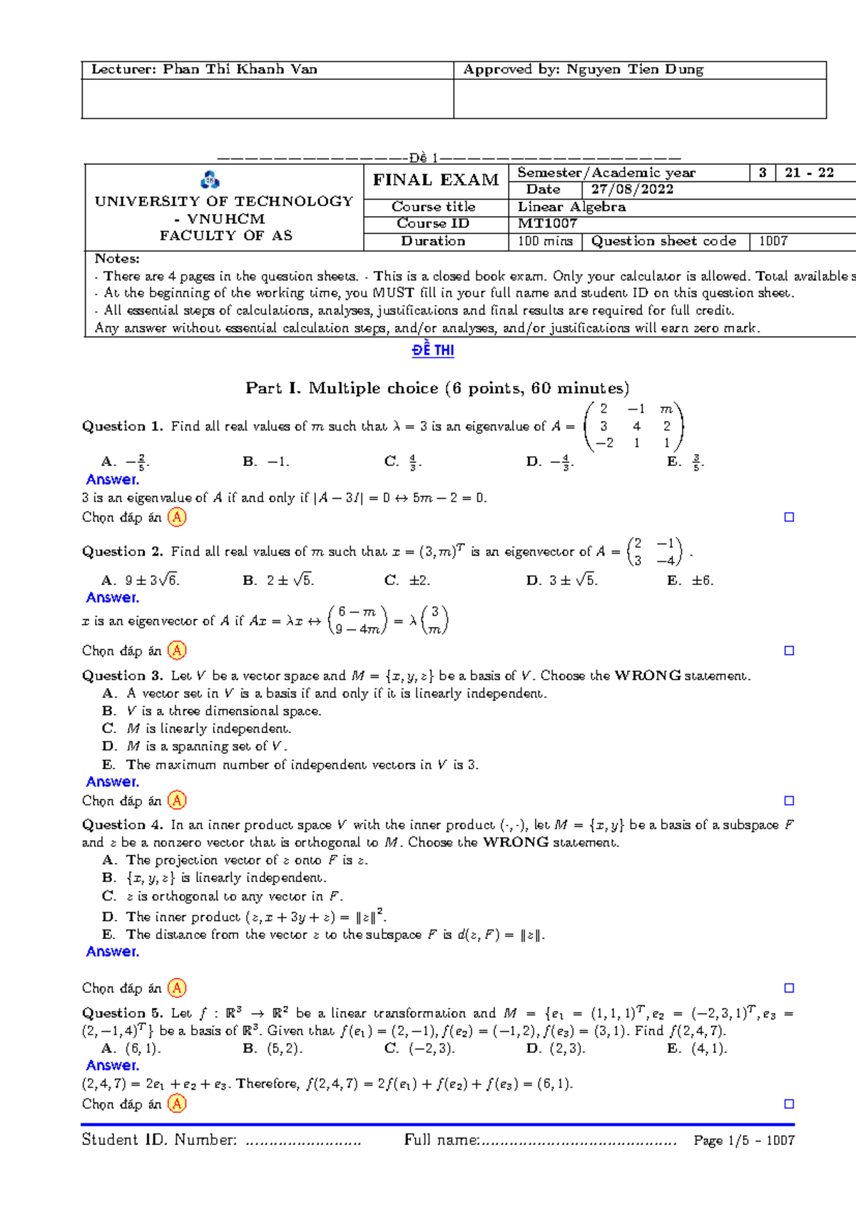 Final Exam MT1007: Linear Algebra Question Sheet - Studocu
