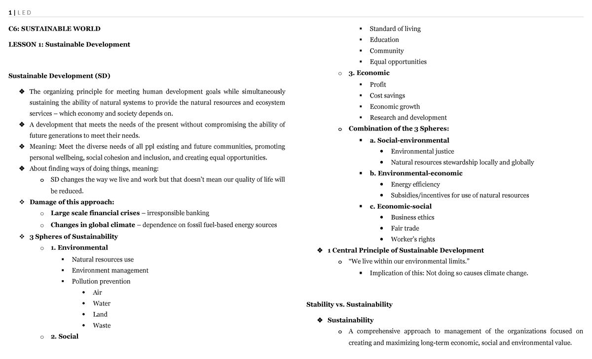 C6: SUSTAINABLE WORLD LESSON 1: Understanding Sustainable Development ...